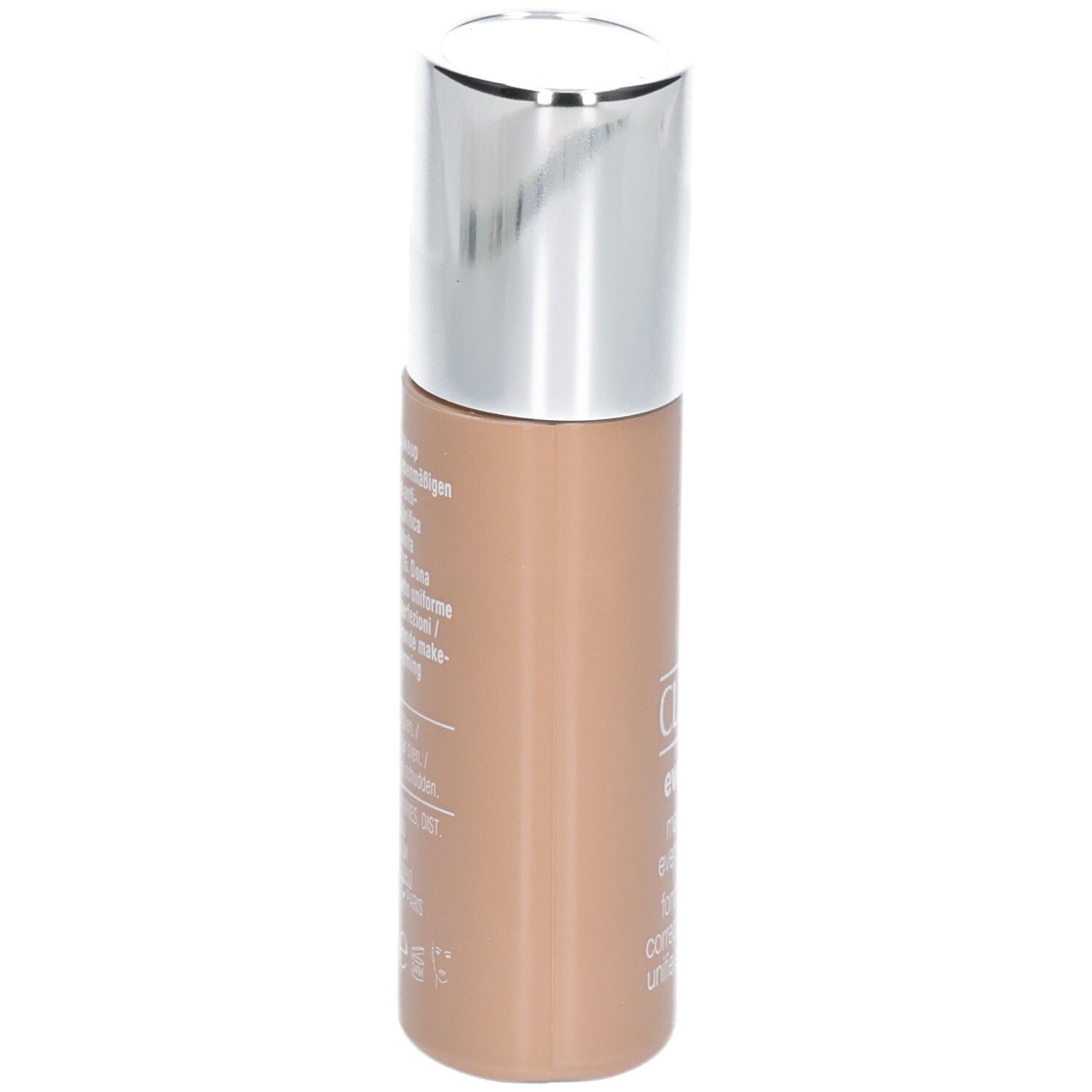 Beige Foundation-Flasche mit silbernem Deckel. Text auf der Flasche sichtbar.