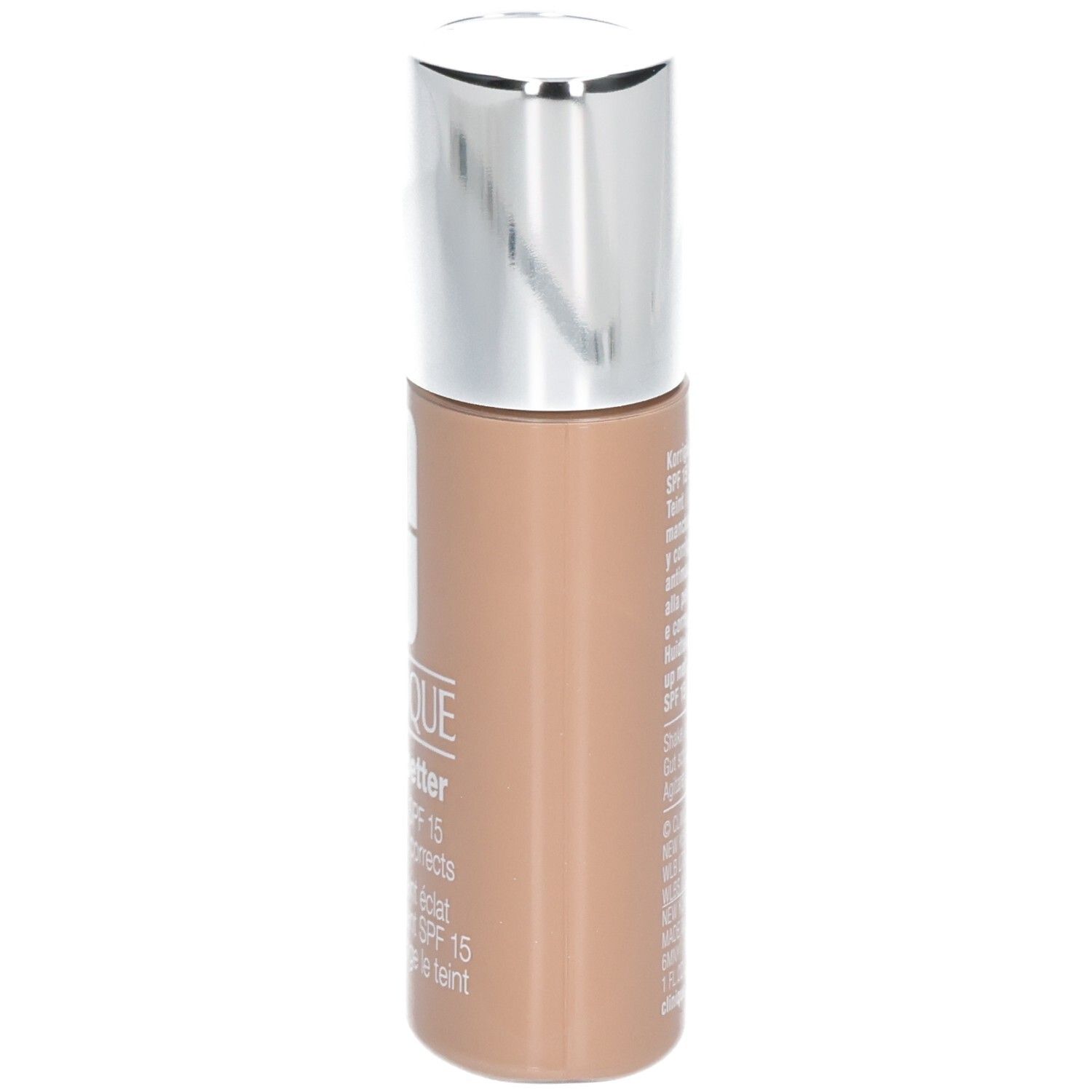 Beige Foundation-Flasche mit silbernem Deckel. Beschriftung: Clinique, Superbalanced, SPF 15.