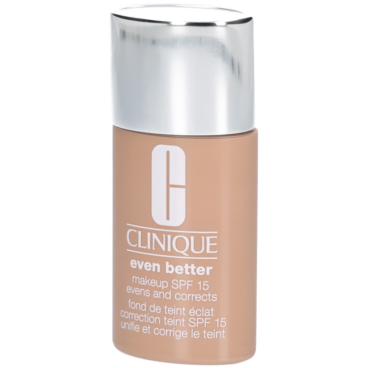 Clinique Even Better Make-up SPF 15 in einem beigefarbenen Flakon mit silbernem Pumpspender.