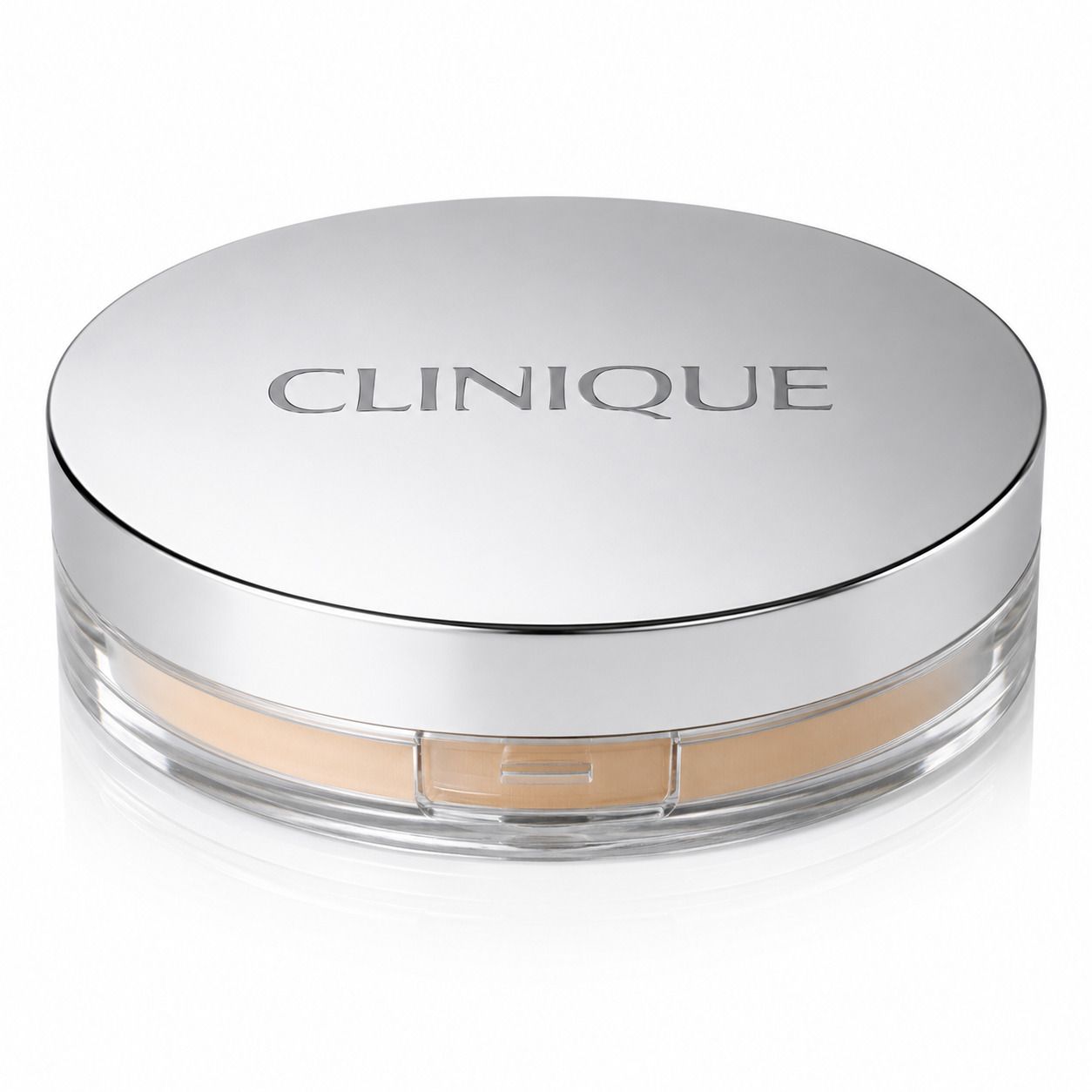 Clinique Puder in silberner Dose mit transparentem Boden.