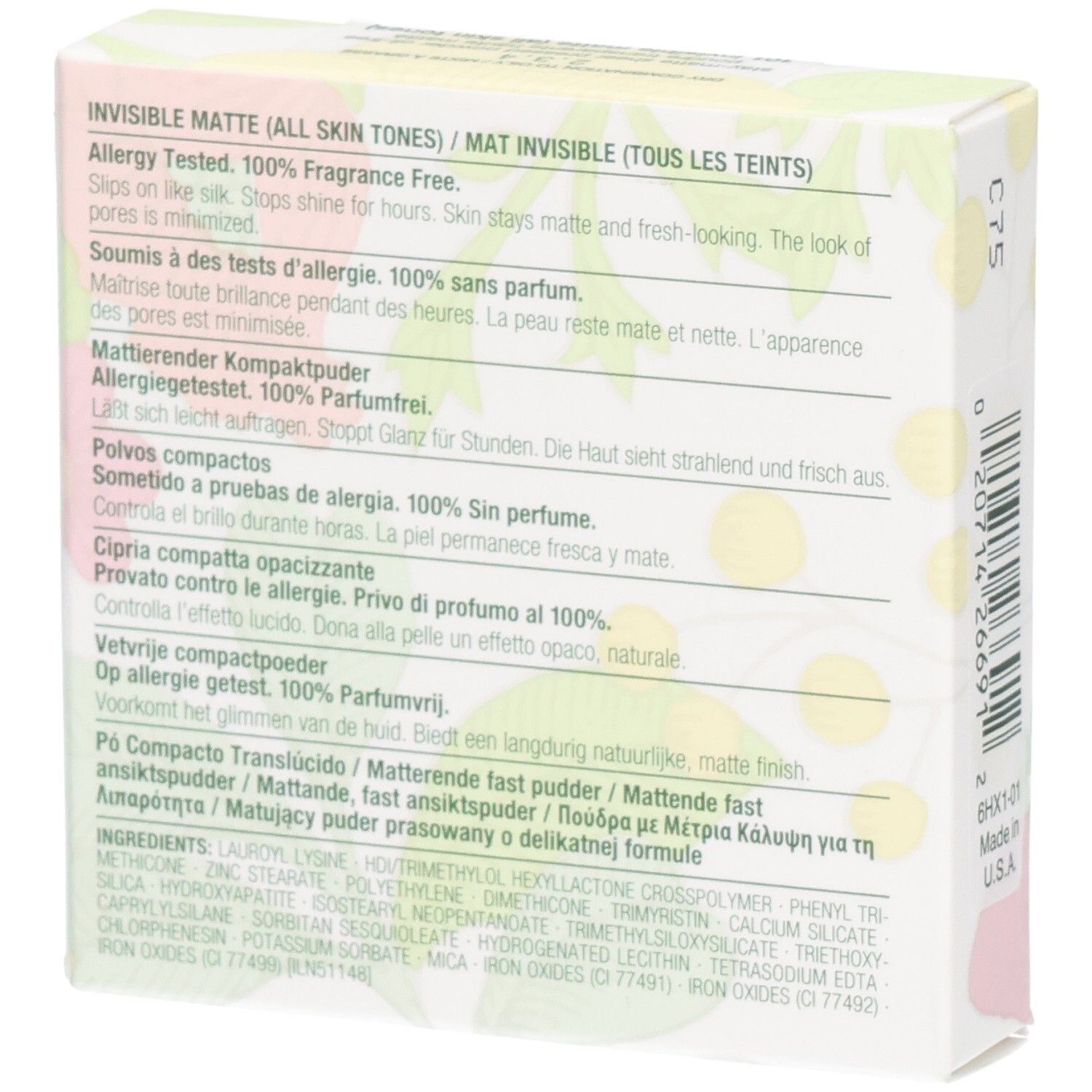 Verpackung eines matten Kompaktpuders für alle Hauttöne, 100% parfümfrei.