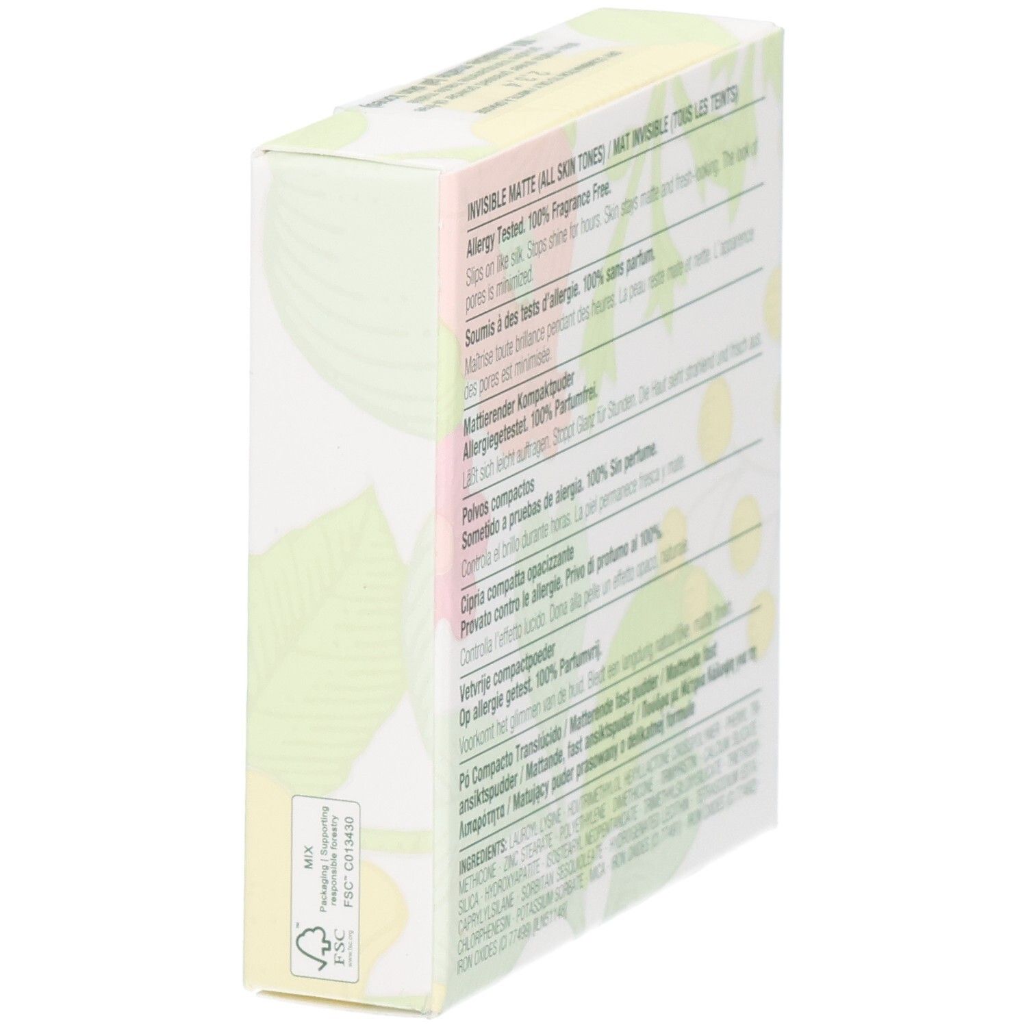 Kompaktpuder-Verpackung mit Blätterdesign. Allergiegetestet, 100% parfümfrei.