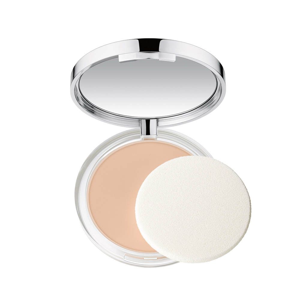 Ein Clinique Puder-Compact mit Spiegel und Puderquaste.