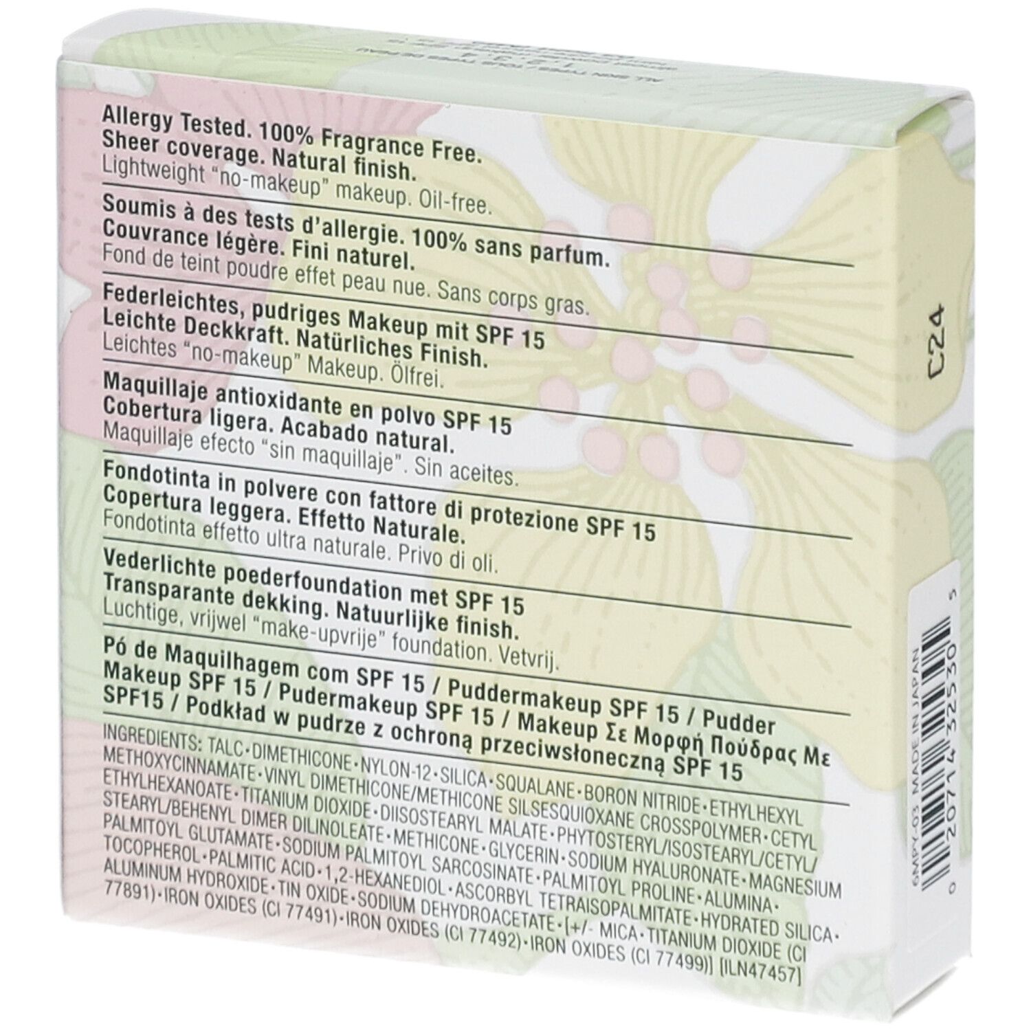 Arrière de la boîte de Poudre Clinique avec ingrédients et langues.