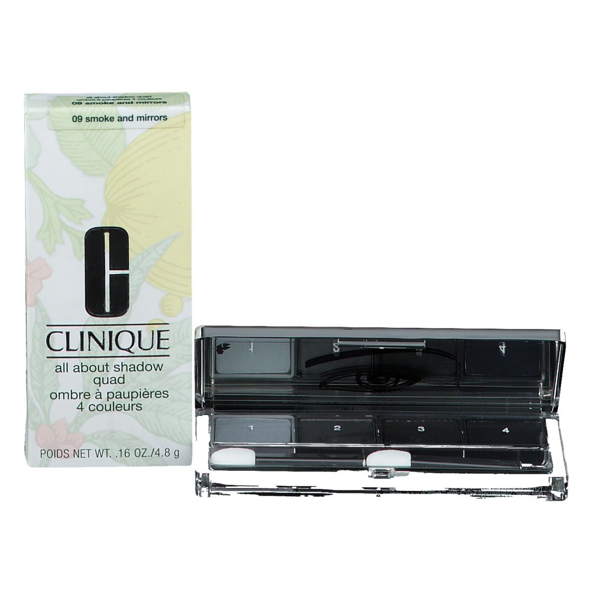 CLINIQUE All About Shadow Quad. Vier Lidschattenfarben in einer transparenten Hülle. Mit Applikatoren und Verpackung.