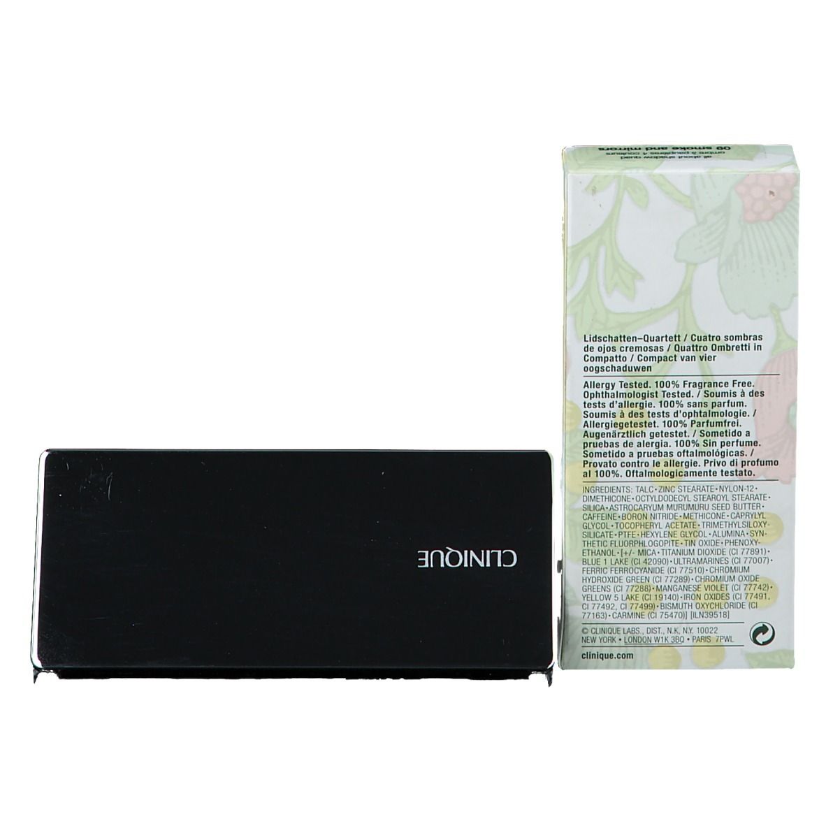 Geschlossene schwarze CLINIQUE Lidschatten-Palette. Text auf der Verpackung: CLINIQUE, Inhaltsstoffe, Allergetestet.