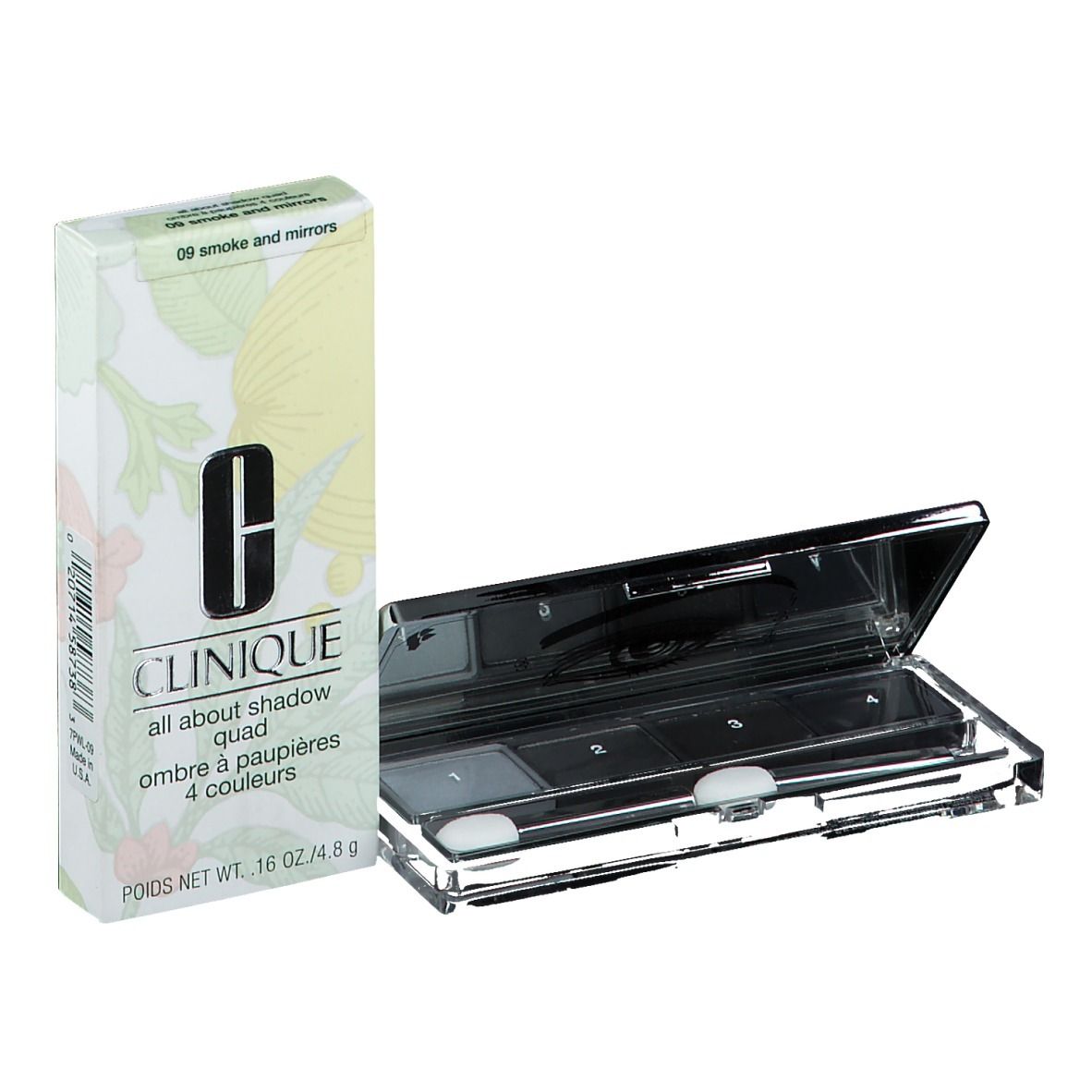 CLINIQUE All About Shadow Quad. Geöffnete Lidschatten-Palette mit Verpackung. Vier Farben sichtbar.