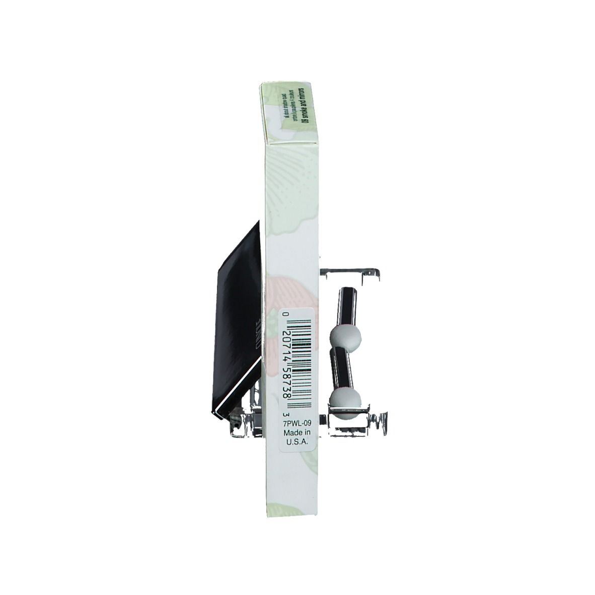 Seitenansicht der Verpackung und der Lidschatten-Palette. Barcode und Produktinformationen auf der Verpackung.