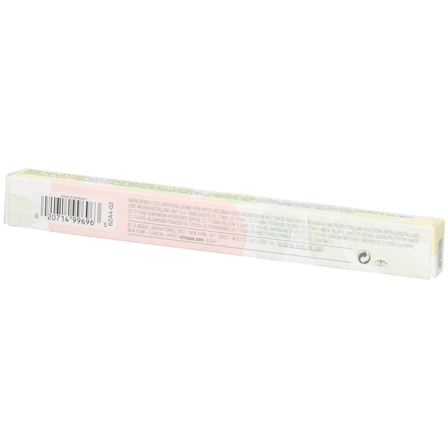 Arrière de l'emballage Clinique Quickliner for Eyes Smoky Brown avec code-barres et ingrédients.