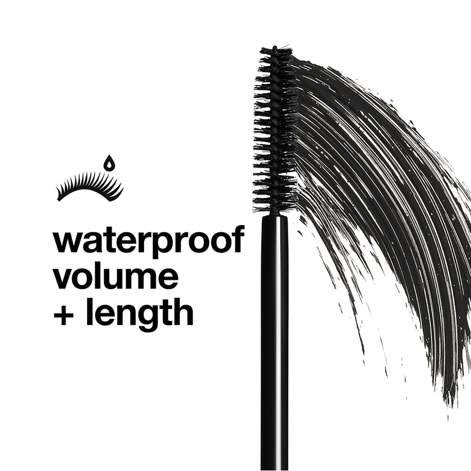 Text: waterproof volume + length. Abbildung: Wimpern mit Mascara.
