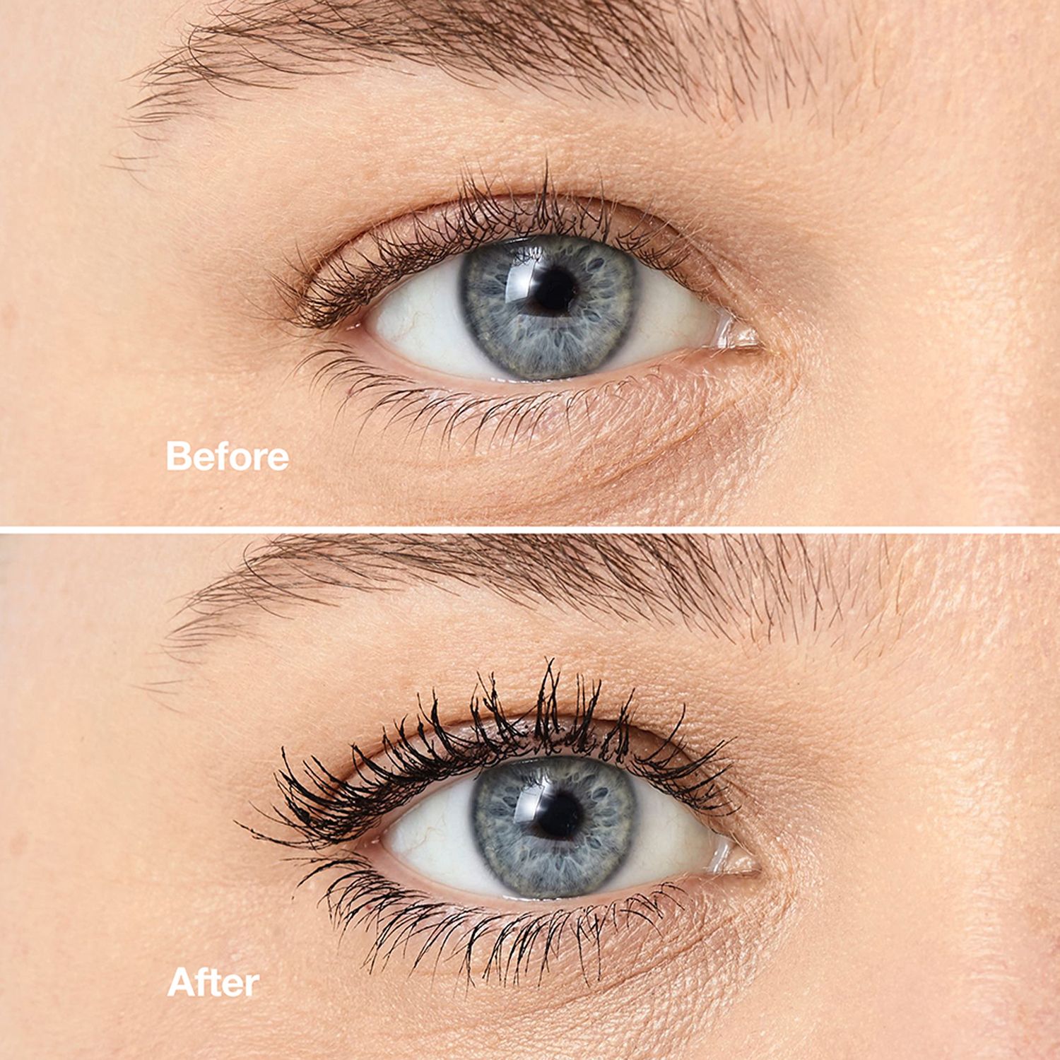 Auge vor und nach dem Auftragen von Mascara. Oben: Vorher. Unten: Nachher.