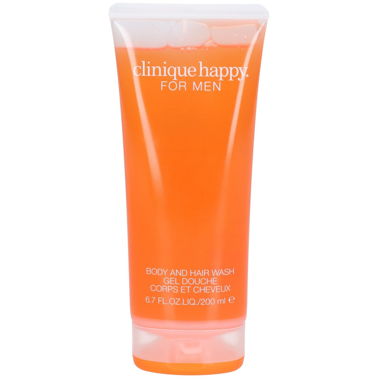 Orange Duschgel und Haarwäsche für Männer in transparenter Tube, 200 ml.