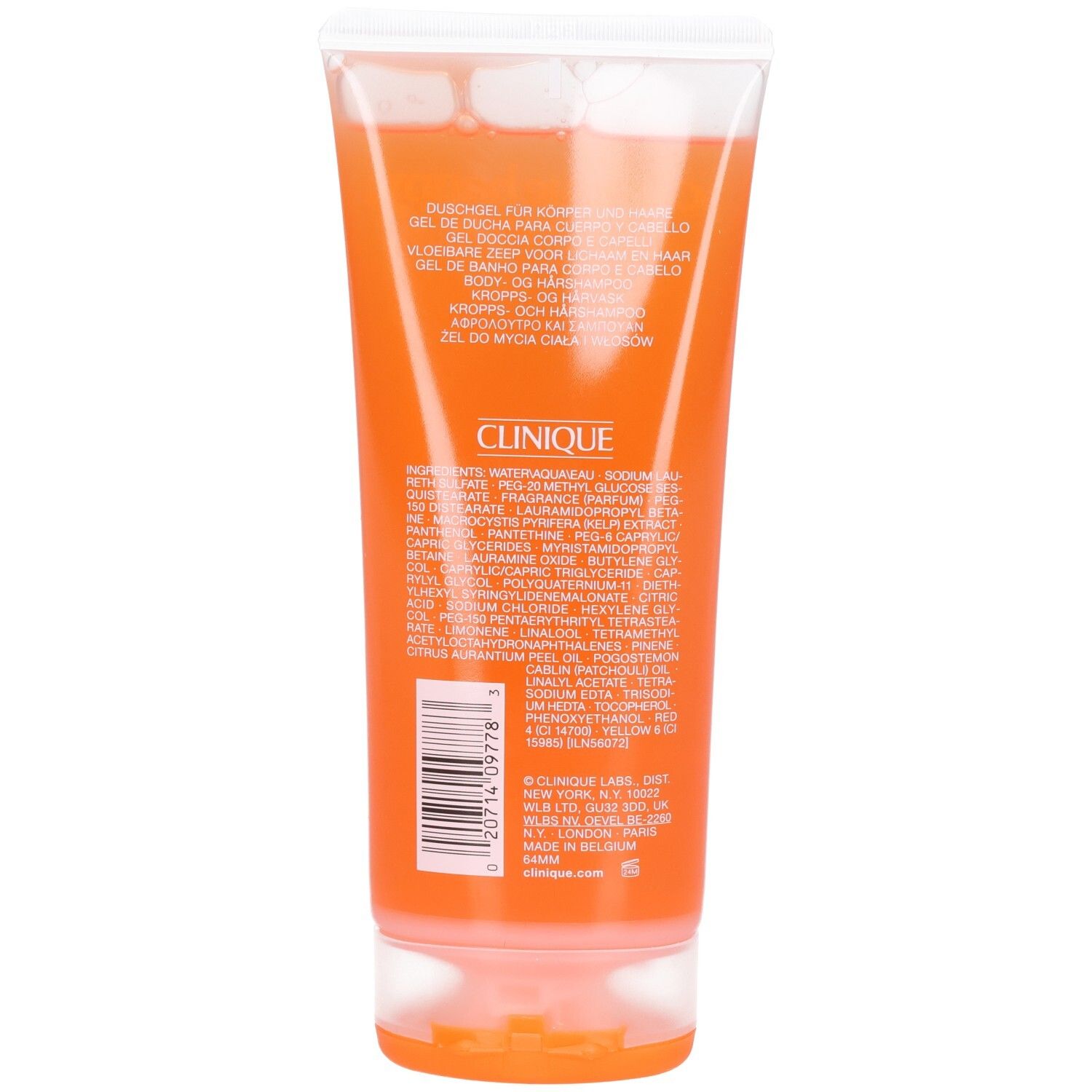 Clinique Duschgel für Körper und Haar in einer transparenten Tube mit orangefarbener Flüssigkeit.