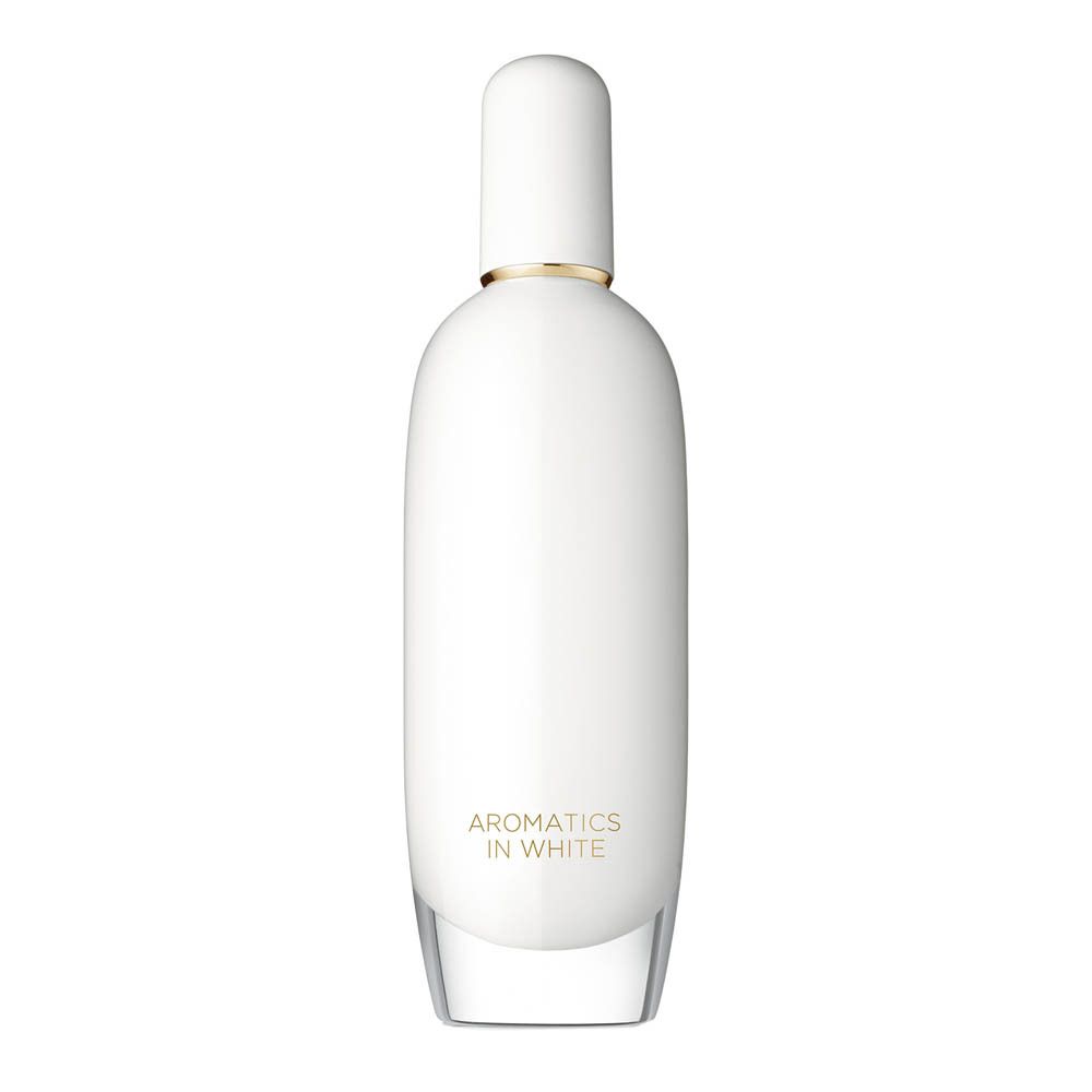 Clinique Aromatics in White Eau de Parfum in weißer, ovaler Flasche mit goldenem Ring und silbernem Verschluss.