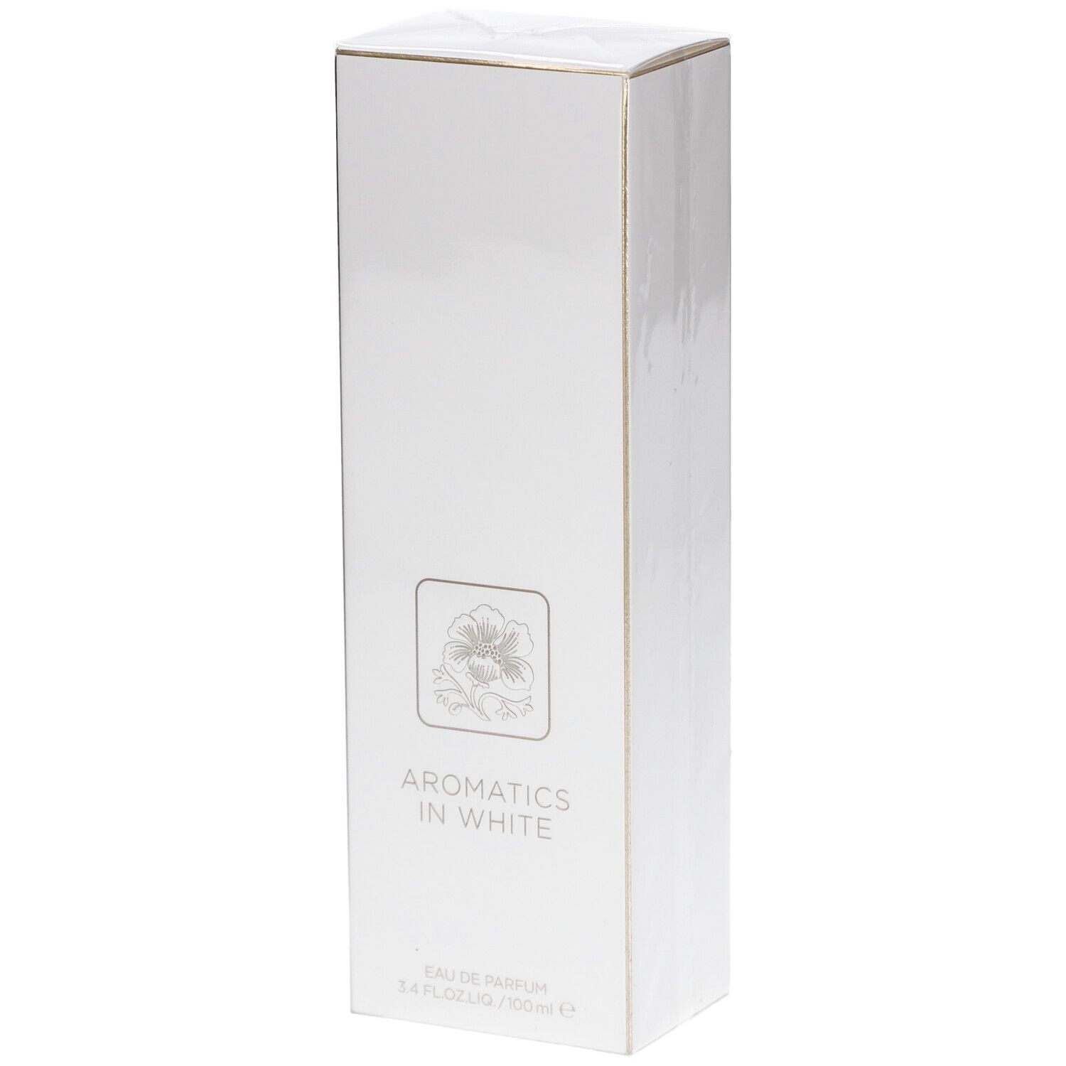 Weiße rechteckige Verpackung. Aufdruck: Aromatics in White. Logo: Blume. Goldfarbene Akzente.