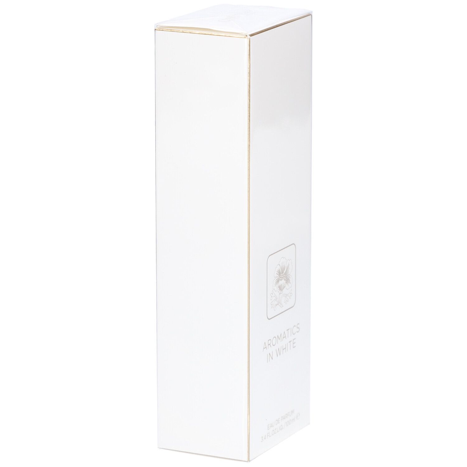 Weiße rechteckige Verpackung. Aufdruck: Aromatics in White. Logo: Blume. Goldfarbene Akzente.