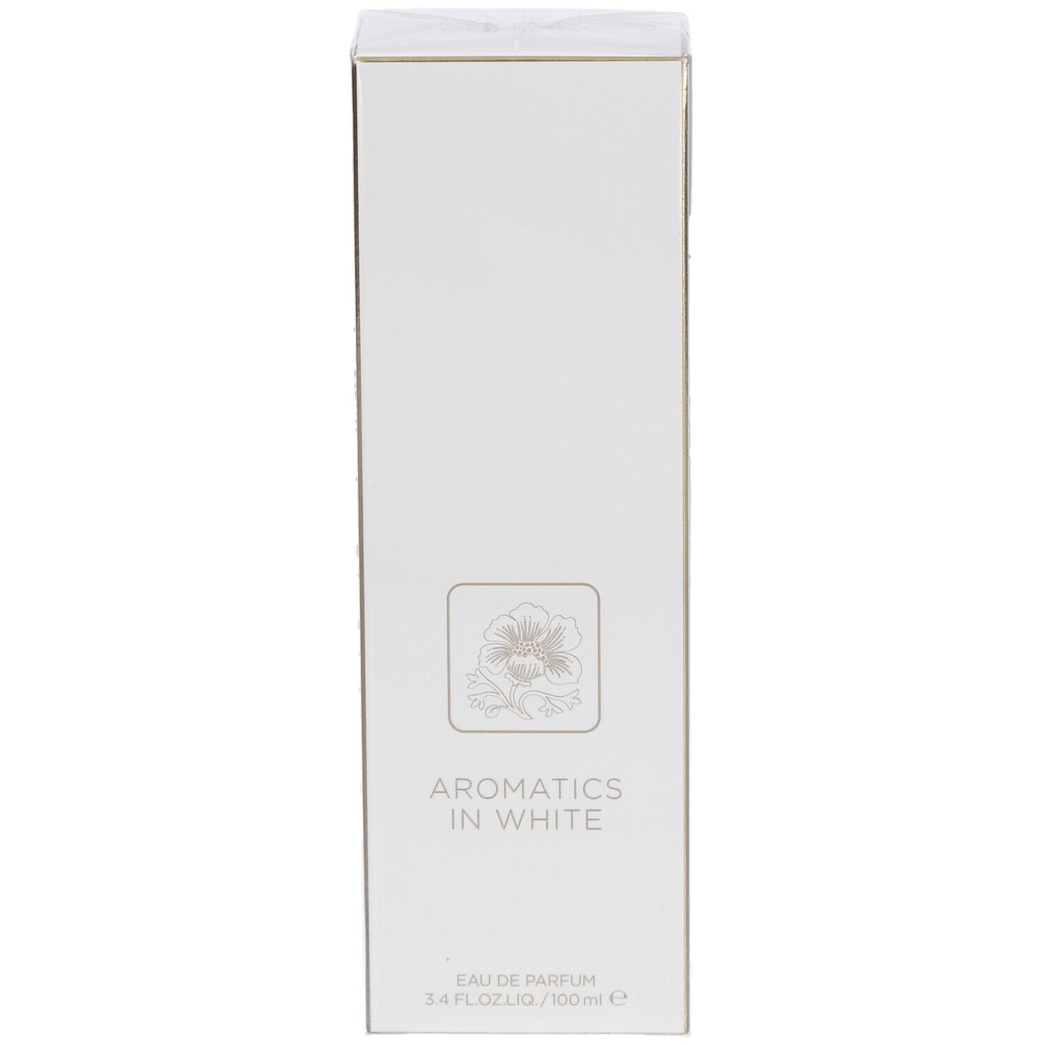 Weiße rechteckige Verpackung. Aufdruck: Aromatics in White. Logo: Blume. Goldfarbene Akzente.