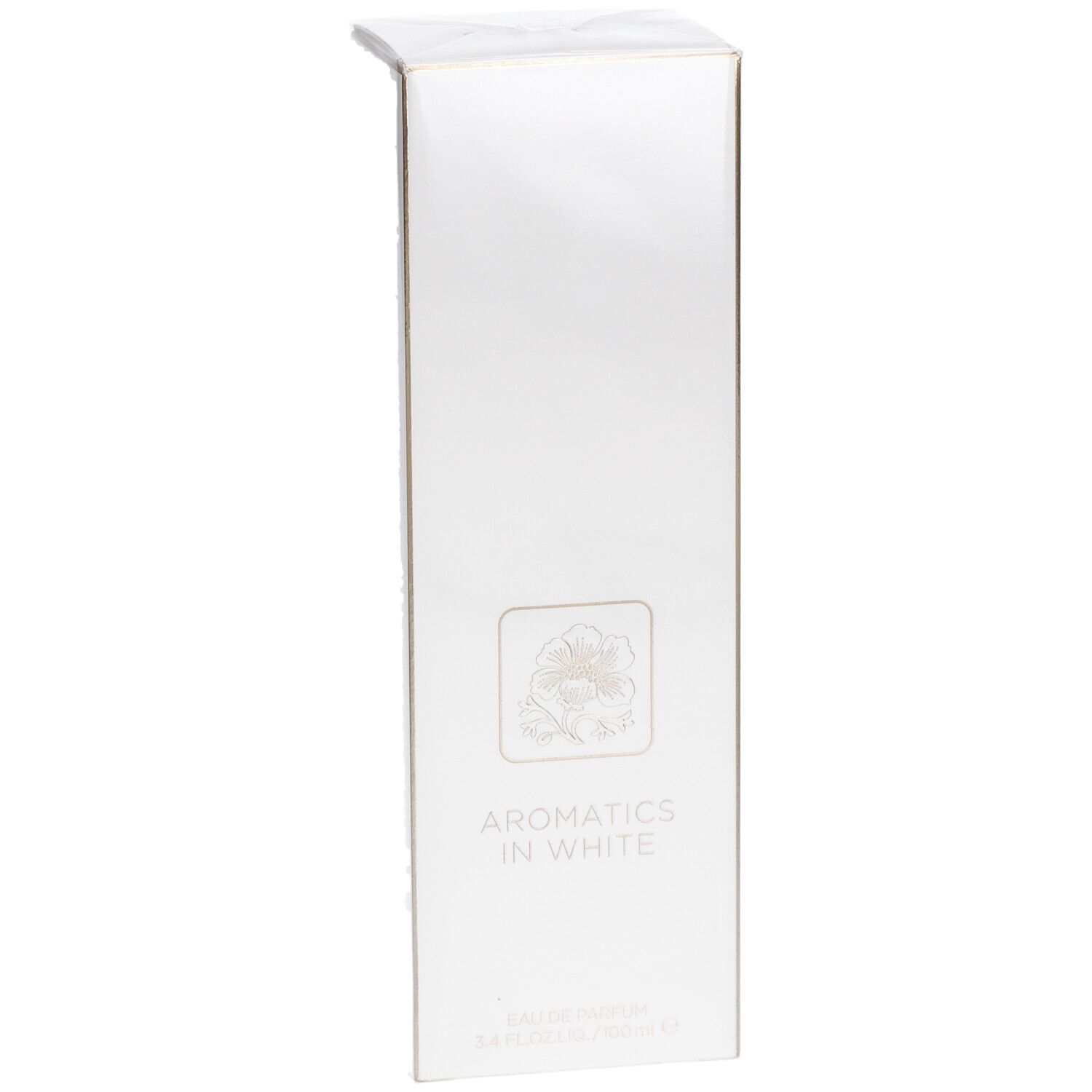 Weiße rechteckige Verpackung. Aufdruck: Aromatics in White. Logo: Blume. Goldfarbene Akzente.
