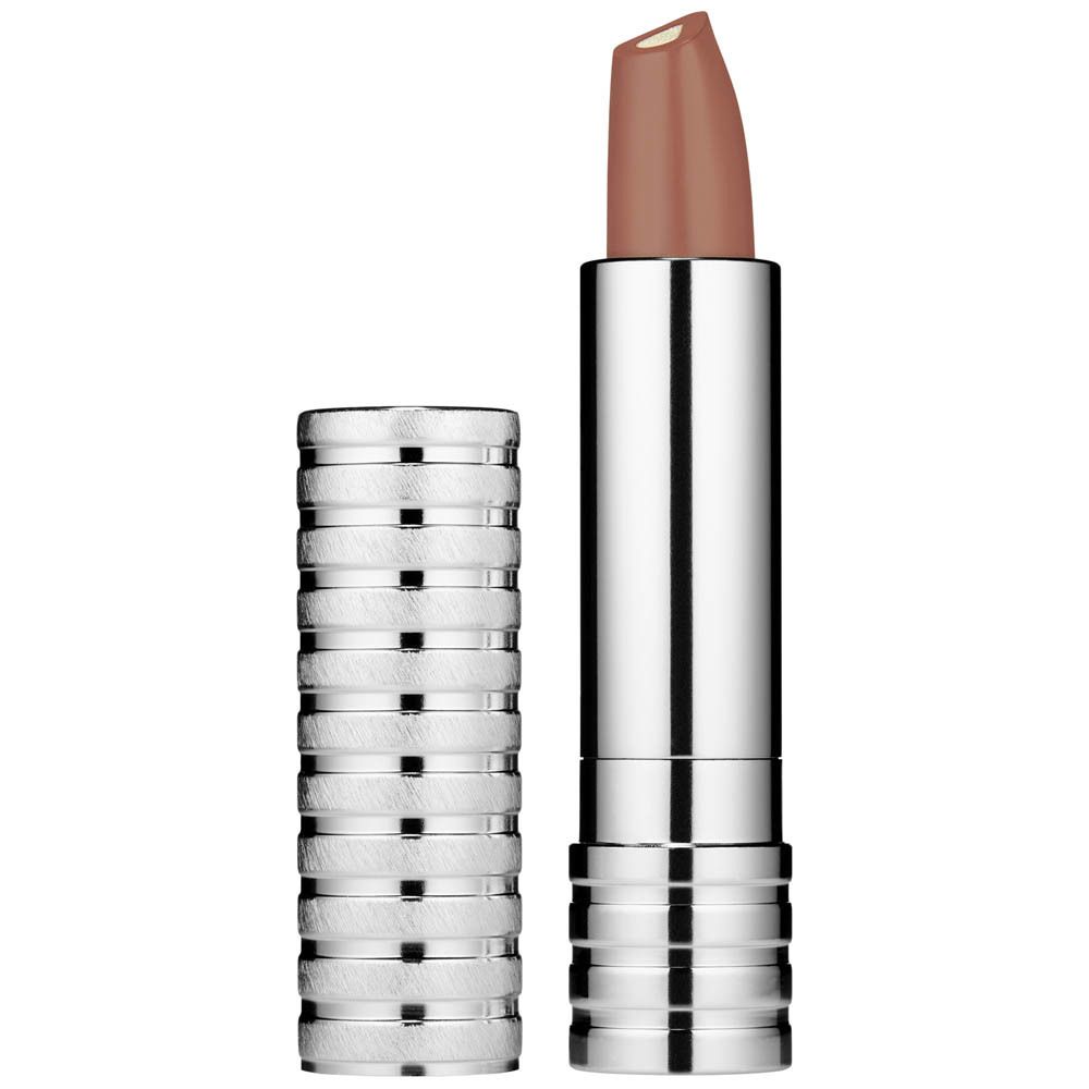 Ein silberner lippenstift mit braunem stift und silberner kappe.
