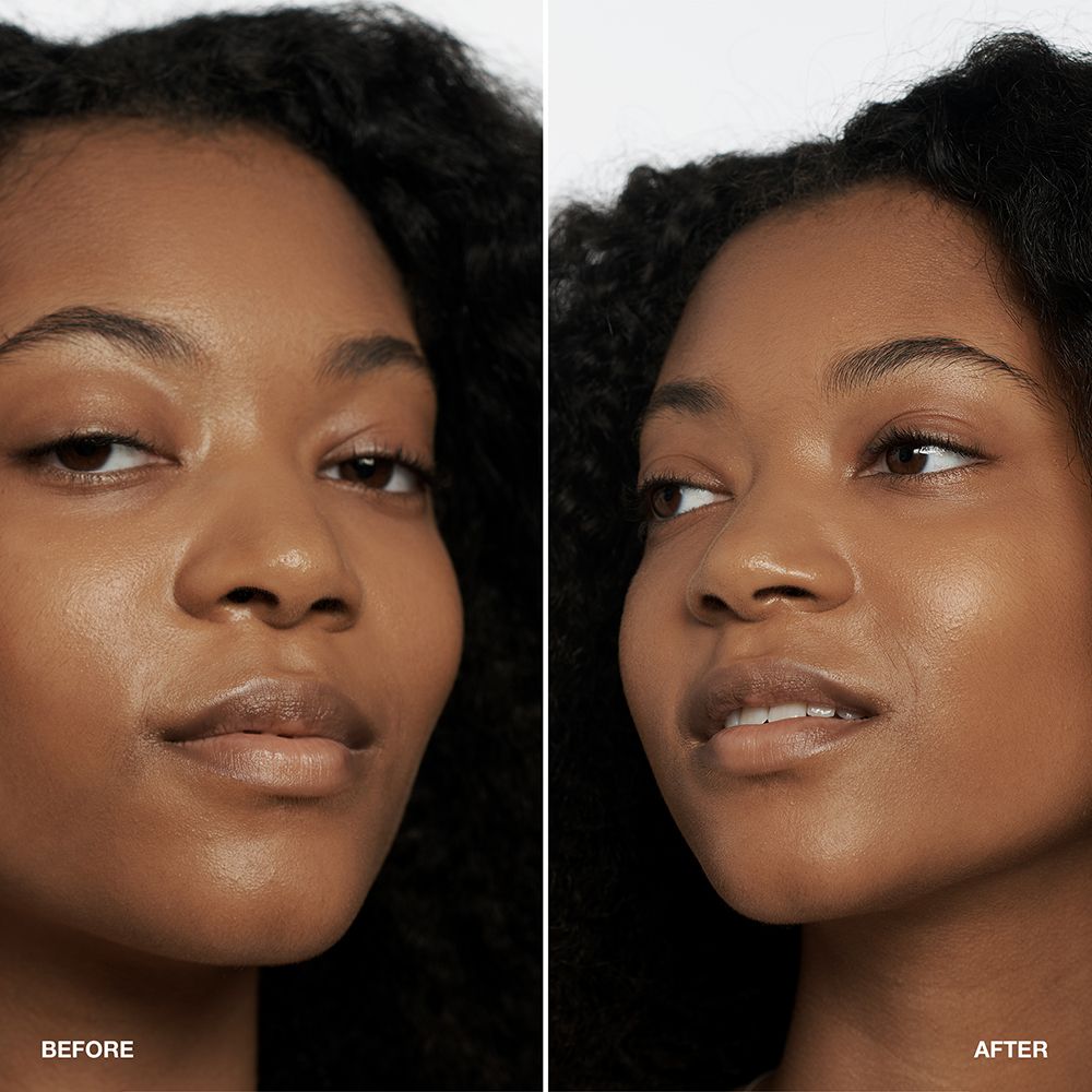 Comparaison avant-après. Femme aux cheveux foncés. Moitié gauche du visage : sans maquillage. Moitié droite : avec maquillage.