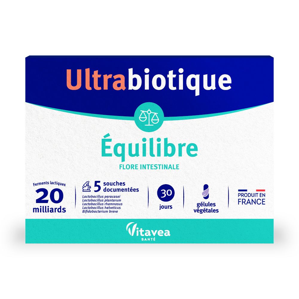 Boîte Ultrabiotique Équilibre. Contient 20 milliards de ferments lactiques, 5 souches documentées, pour 30 jours. Gélules végétales. Fabriqué en France.