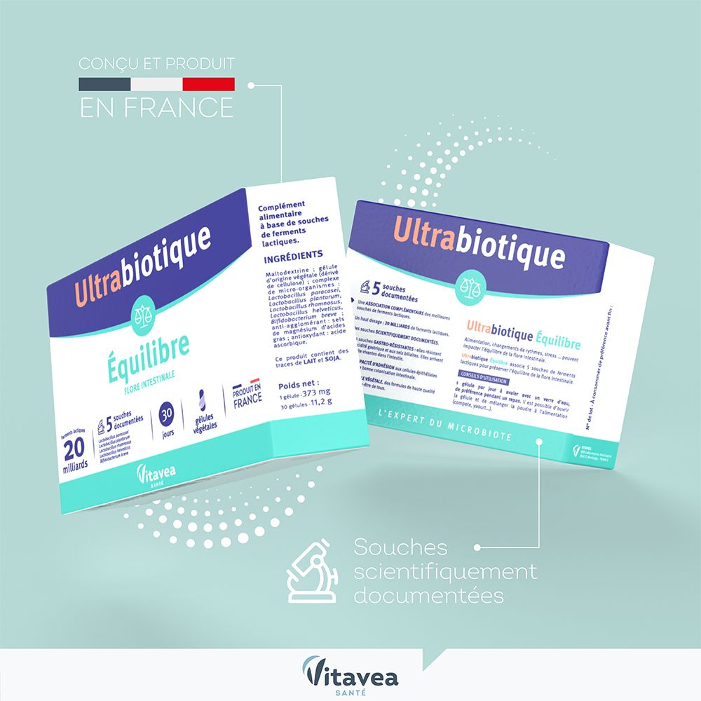 Deux boîtes Ultrabiotique Équilibre. Texte : 5 souches documentées. Fabriqué en France. Logo : Vitae Santé. Informations produit.