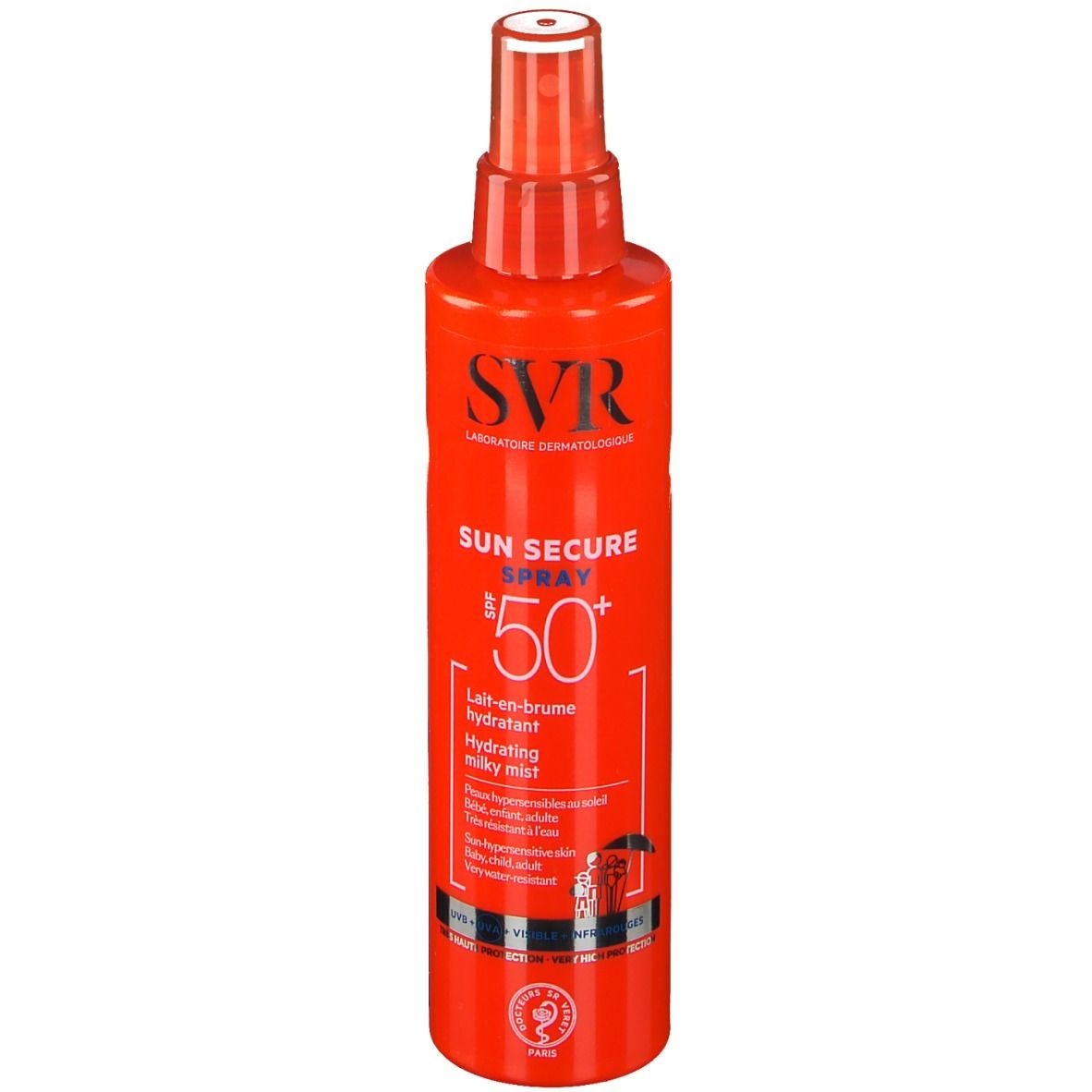 Rote Sprühflasche mit weißem Deckel. Aufschrift: SVR, SUN SECURE SPRAY SPF50+. Hydratisierende Milch-Nebel.
