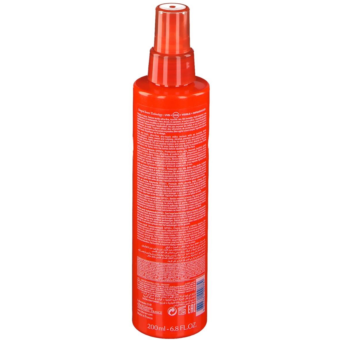 Rote Sprühflasche, Rückseite mit Text. Unten: 200ml - 6.8 FL.OZ. Verschiedene Logos und Zeichen.
