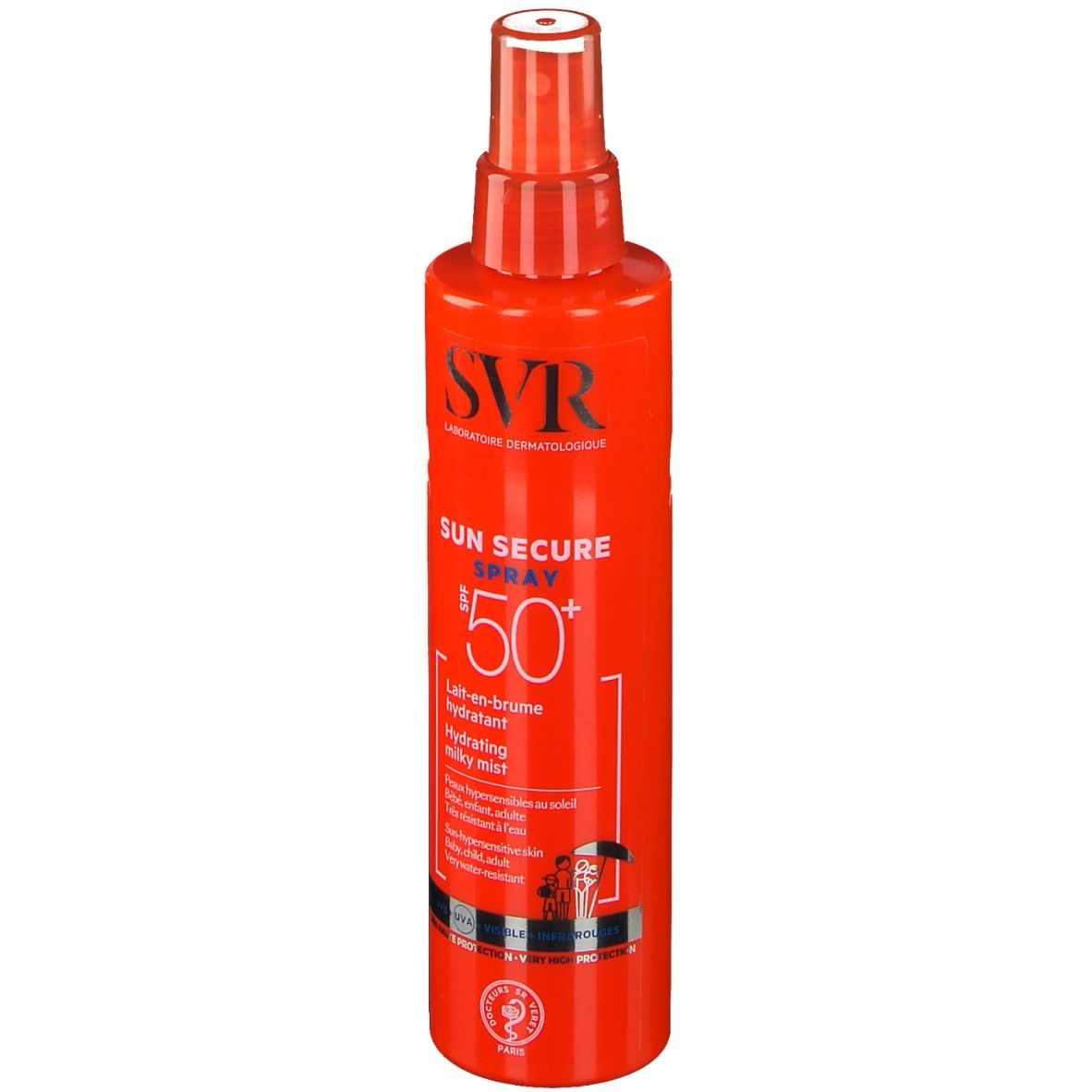 Rote Sprühflasche mit weißem Deckel. Aufschrift: SVR, SUN SECURE SPRAY SPF50+. Hydratisierende Milch-Nebel.