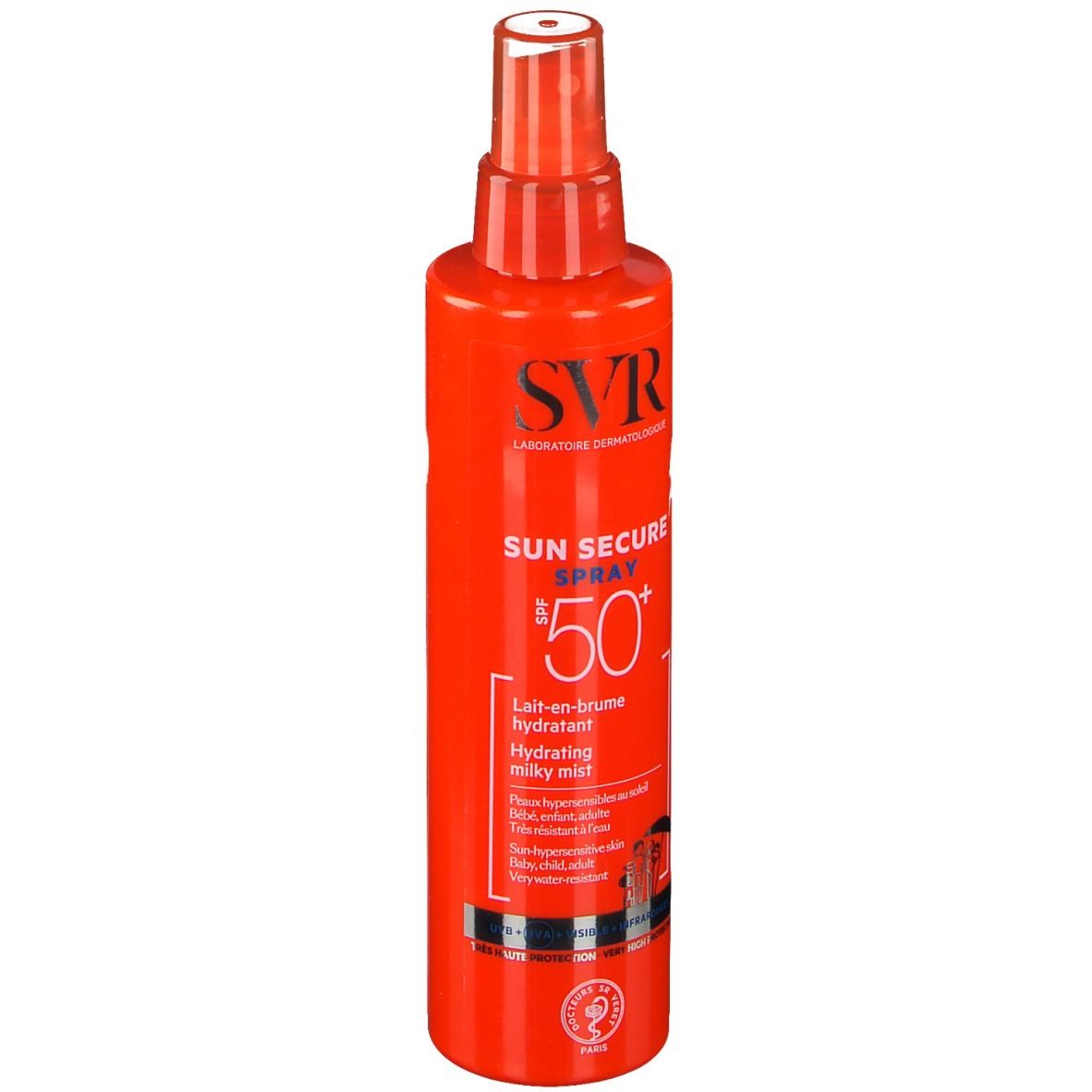 Rote Sprühflasche mit weißem Deckel. Aufschrift: SVR, SUN SECURE SPRAY SPF50+. Hydratisierende Milch-Nebel.