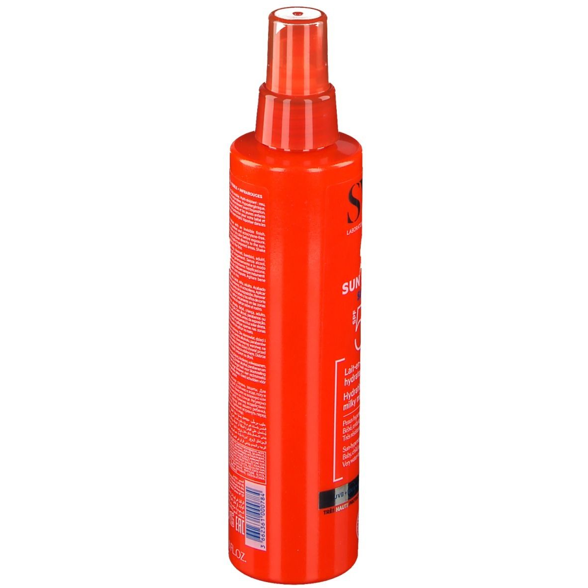 Rote Sprühflasche, Seite mit Text. Aufschrift: SVR, SUN SECURE SPRAY SPF50+. Verschiedene Logos und Zeichen.