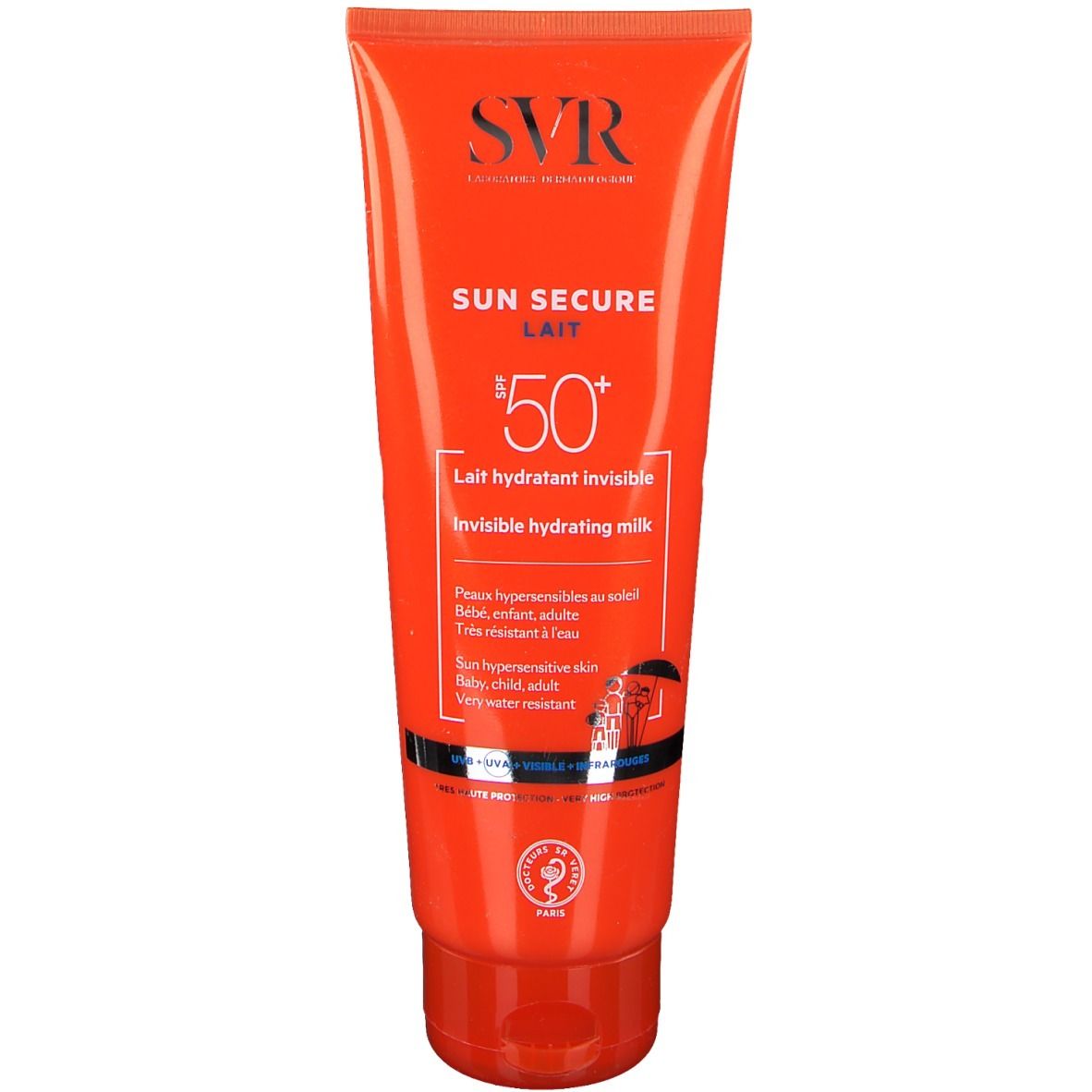 Orangefarbene Tube mit weißer Schrift. Enthält Sonnencreme. Text: SVR, SUN SECURE, SPF50+, Lait hydratant invisible.