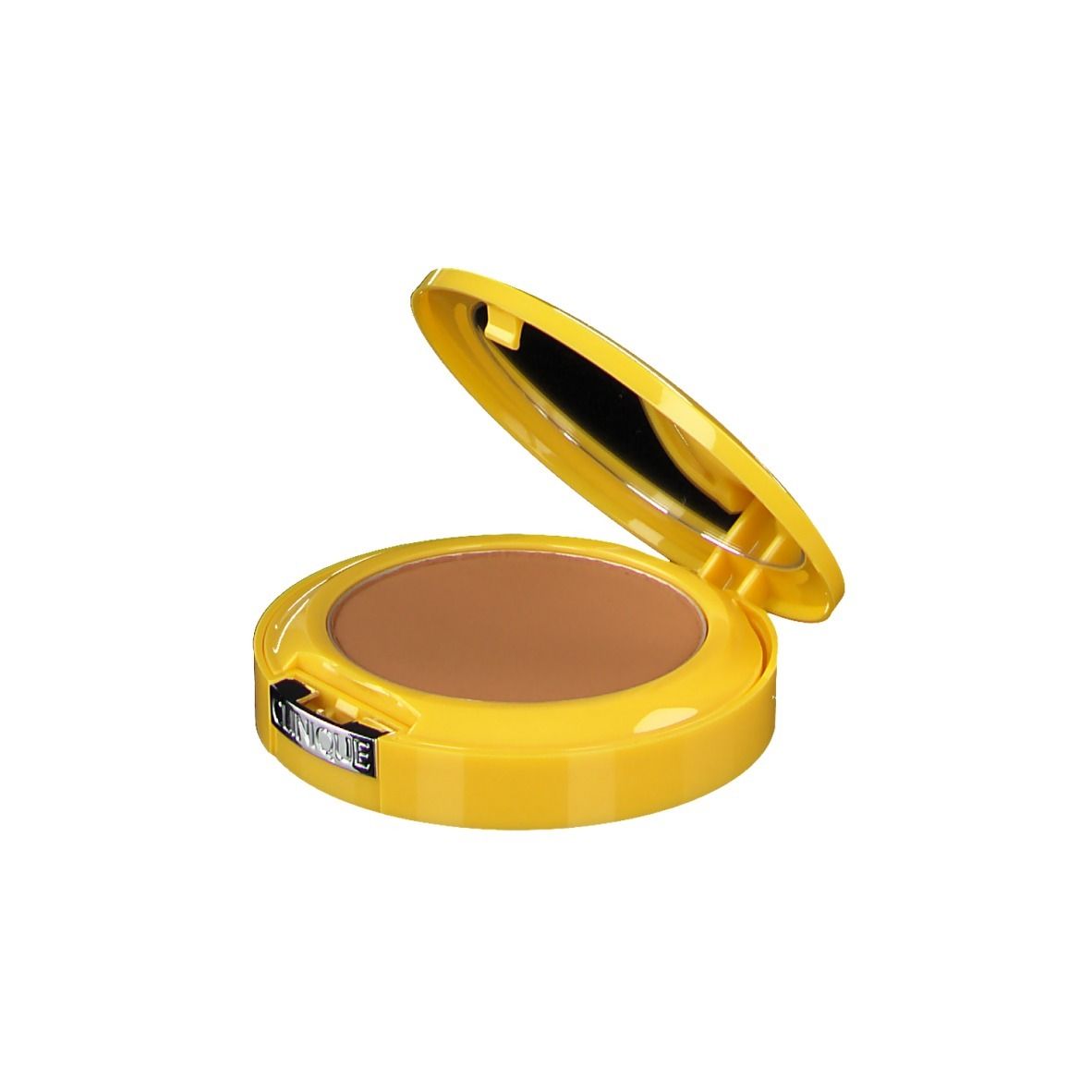 Gelbes Kompakt-Make-up mit Spiegel. Offen, braunes Puder sichtbar. Marke CLINIQUE.