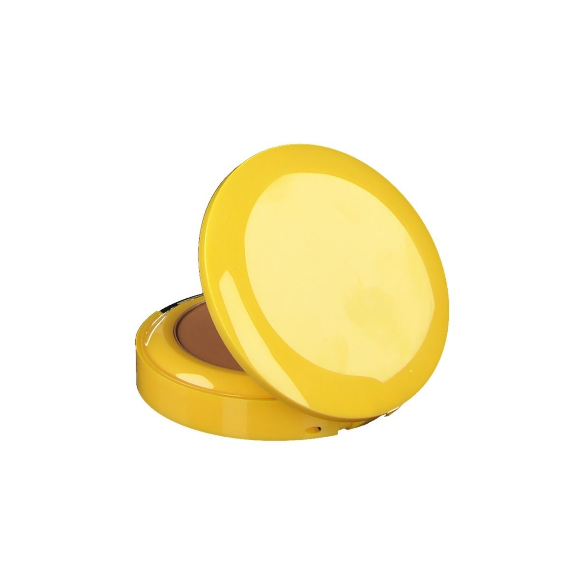 Gelbes Kompakt-Make-up, geschlossen. Deckel geöffnet. Braunes Puder sichtbar.