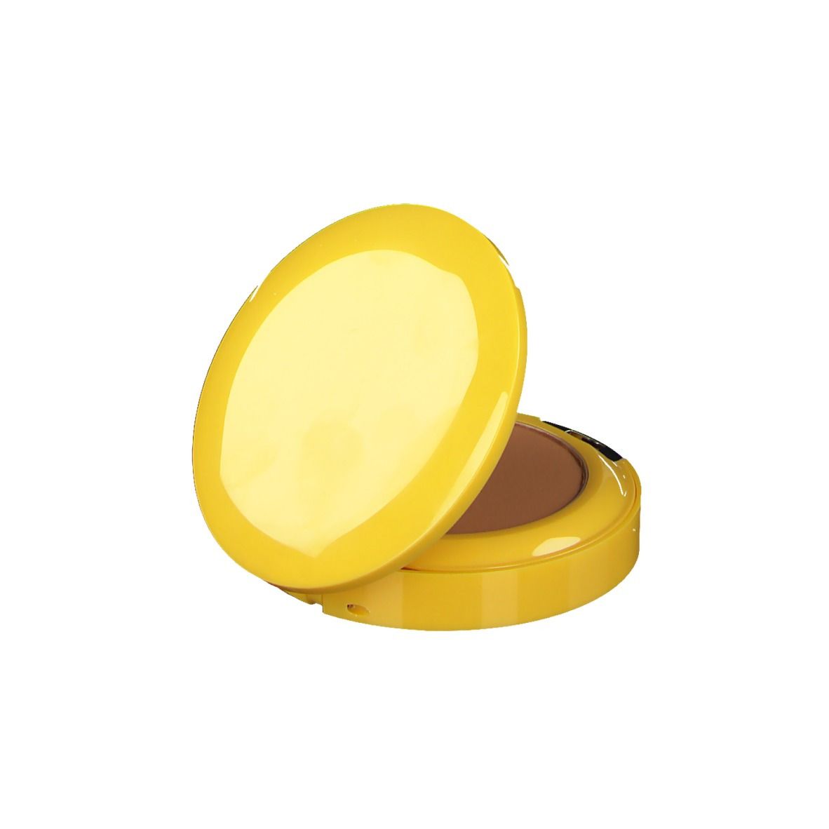 Gelbes Kompakt-Make-up, Deckel geöffnet. Braunes Puder sichtbar.