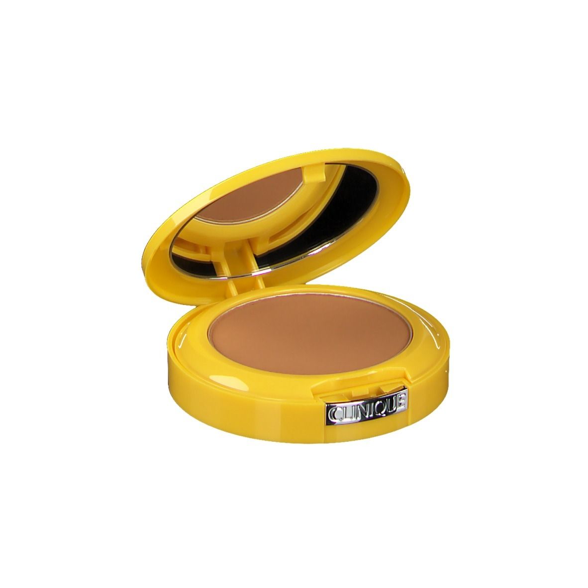 Gelbes Kompakt-Make-up mit Spiegel. Offen, braunes Puder sichtbar. Marke CLINIQUE.
