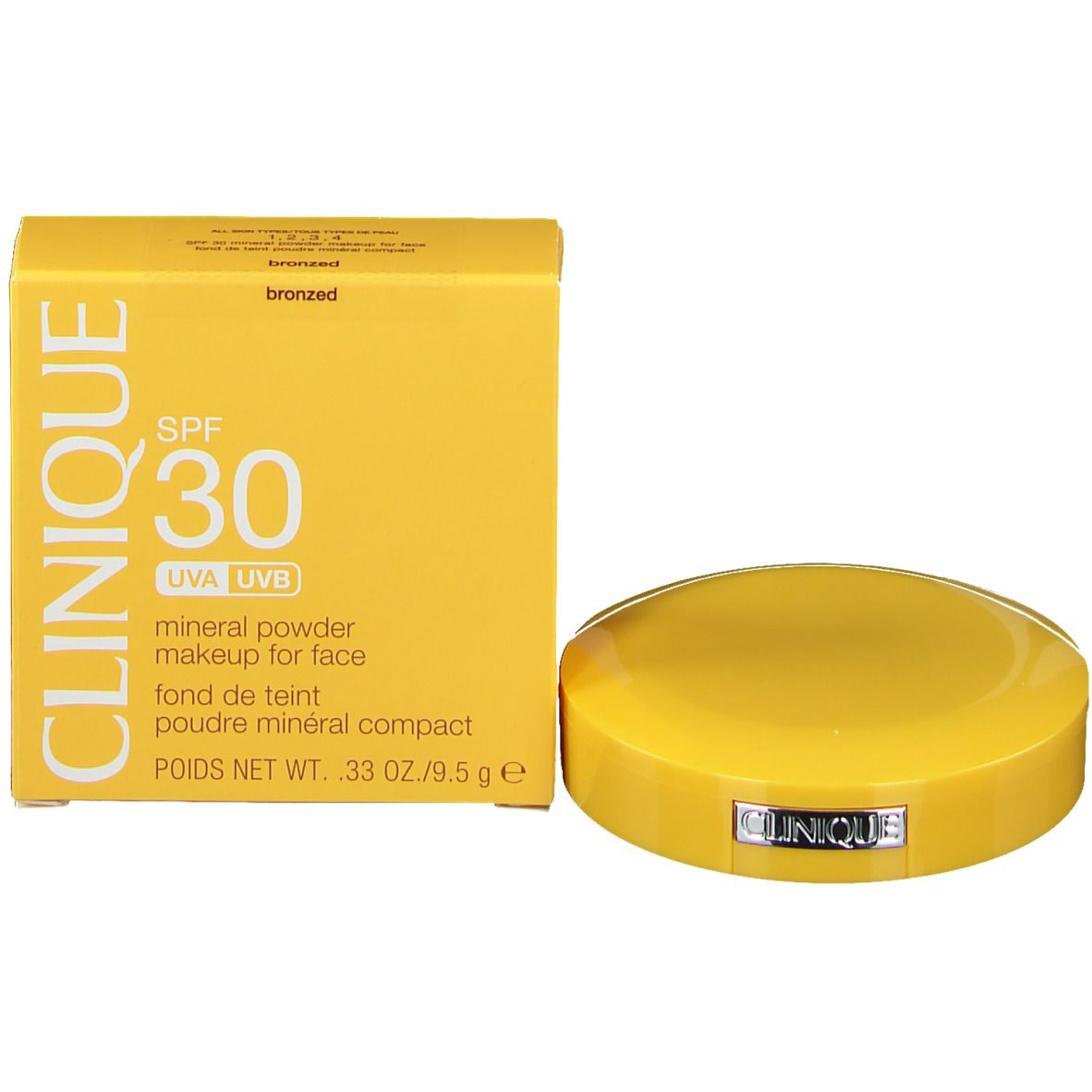 Gelbe Verpackung und Kompakt-Make-up. Text: CLINIQUE SPF 30, Mineralpuder. Bronzed.