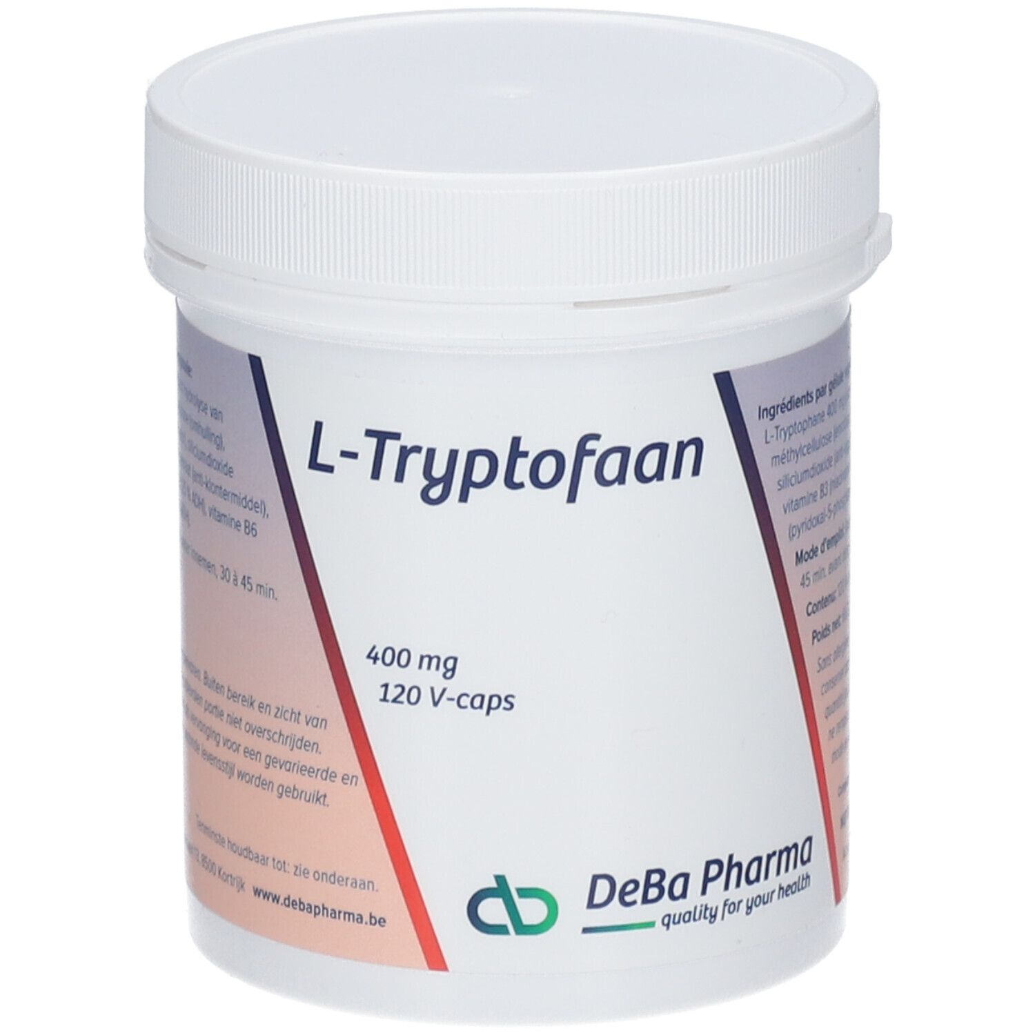 Pot blanc avec couvercle. Inscription : L-Tryptofaan 400 mg, 120 V-caps. Logo DeBa Pharma.