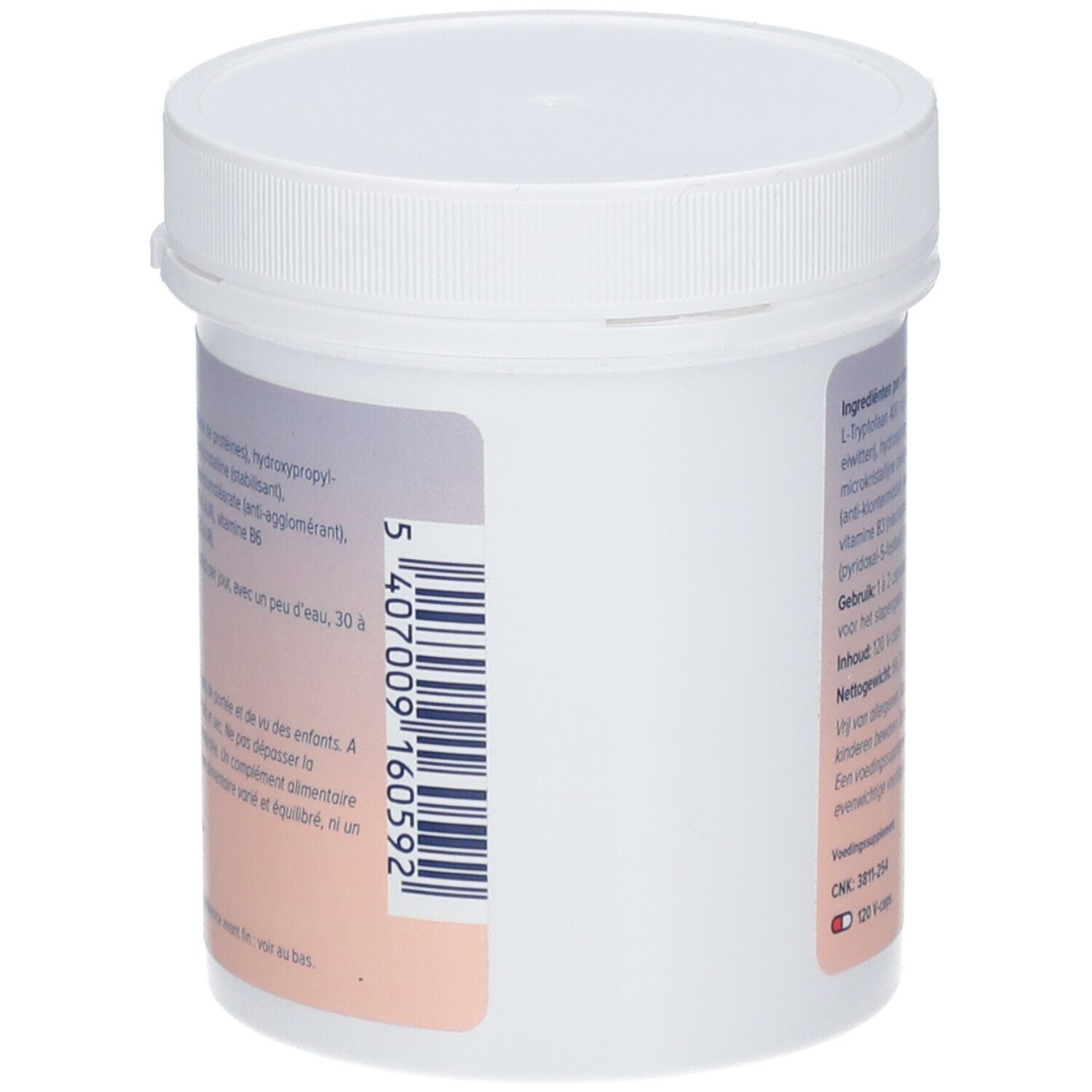Vue latérale du pot blanc. Code-barres et texte. Inscription : L-Tryptofaan.