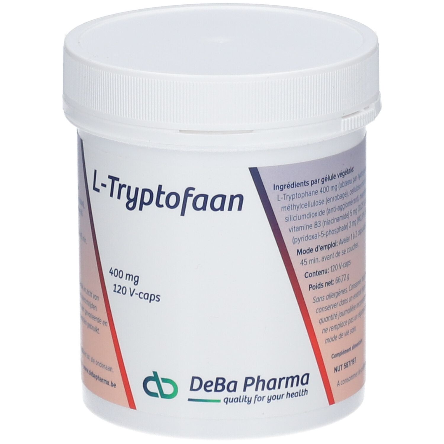 Pot blanc avec couvercle. Inscription : L-Tryptofaan 400 mg, 120 V-caps. Logo DeBa Pharma.
