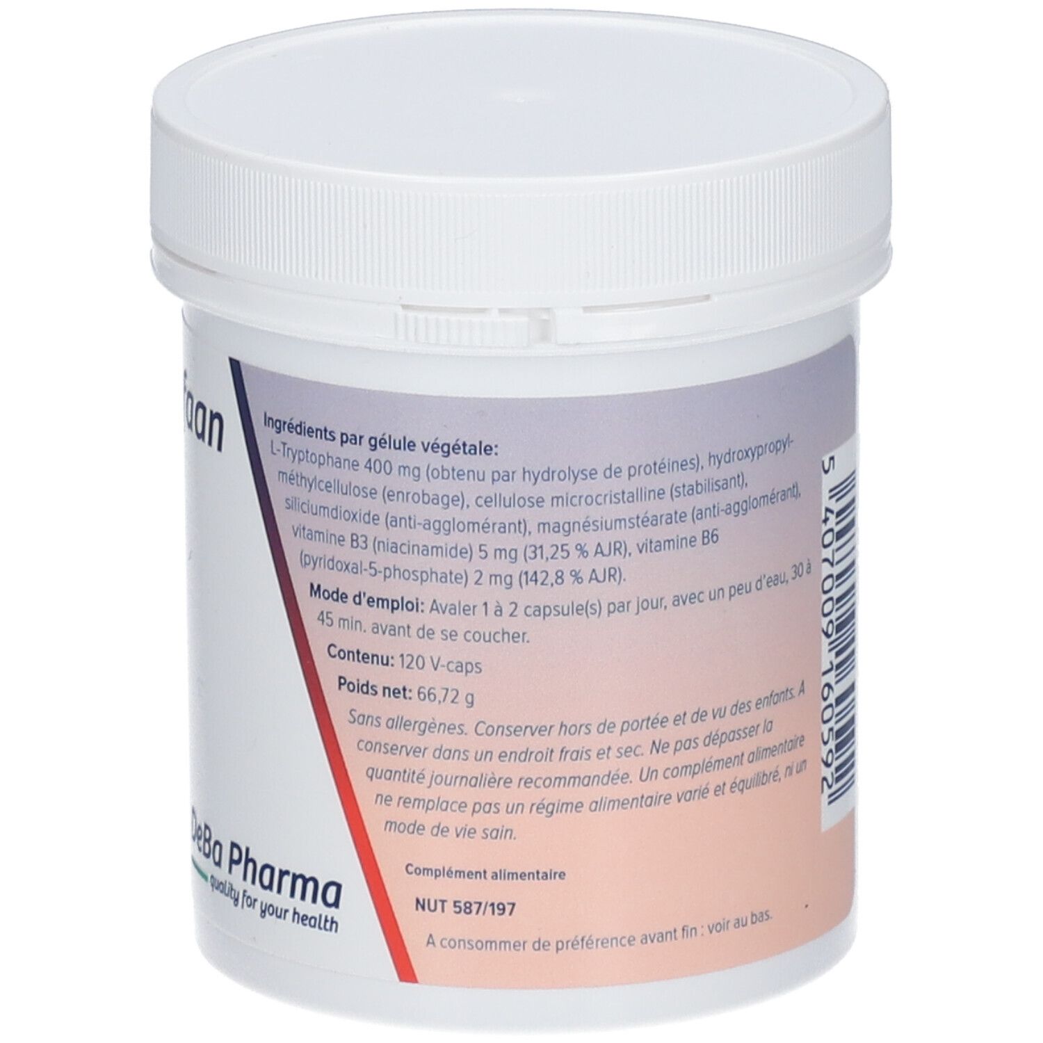 Dos du pot blanc. Texte avec ingrédients et instructions d'utilisation. Logo DeBa Pharma.