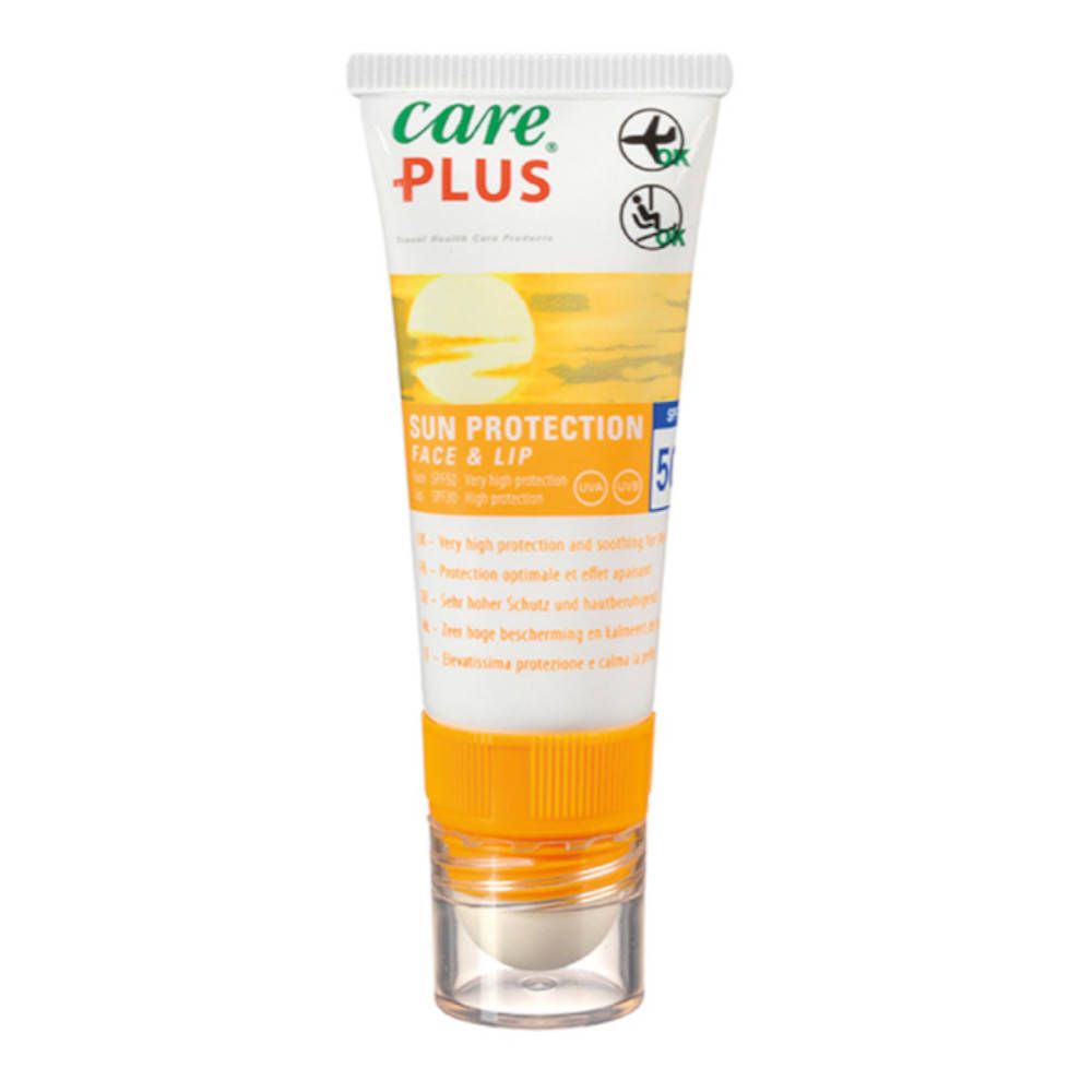 Tube Care Plus® Sun Protection Gesicht + Lippen SPF50+. Weiß, gelb, orange. Mit Roll-on-Applikator. Text: Sun Protection Face & Lip.