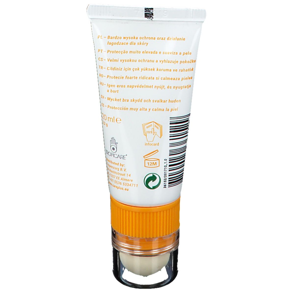 Rückseite der Tube Care Plus® Sun Protection Gesicht + Lippen SPF50+. Weiß, gelb, orange. Mit Text und Logos. Roll-on-Applikator.