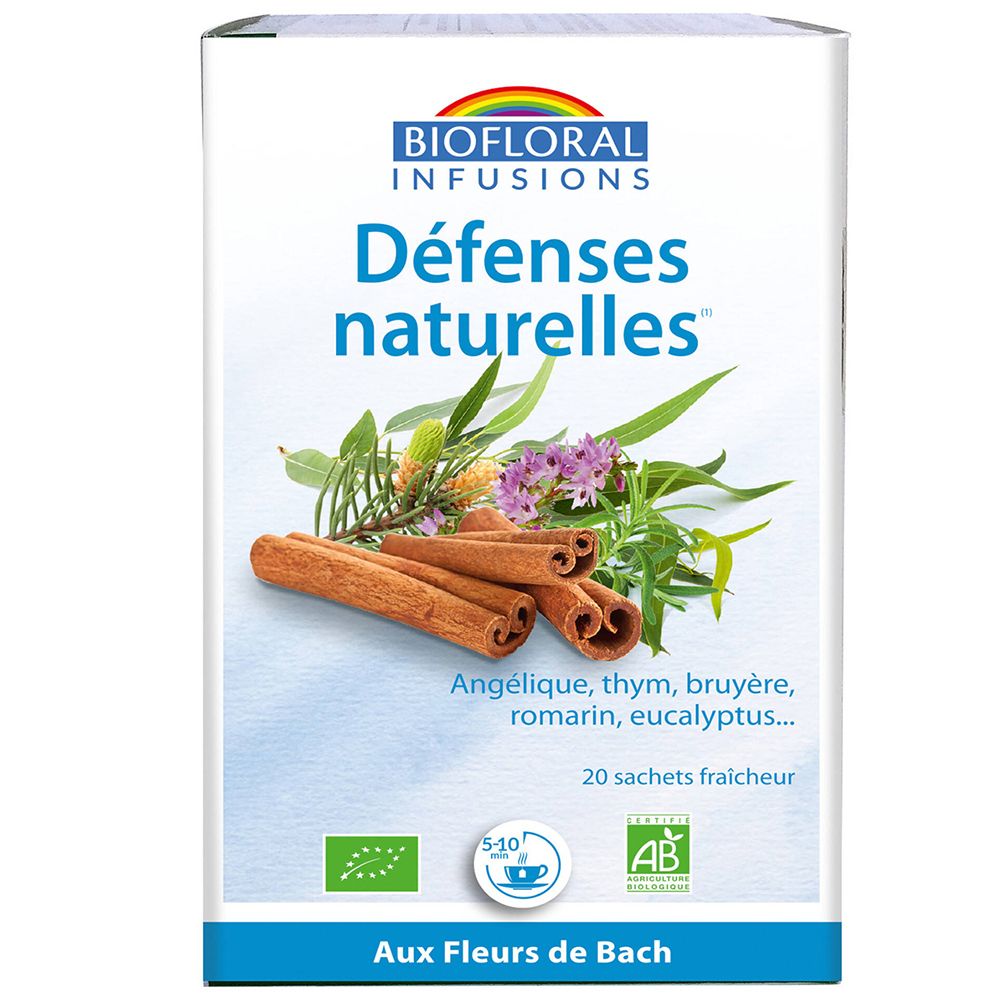Verpackung mit Aufschrift "Défenses naturelles". Abbildung von Zimtstangen, Kräutern und Blüten. Bio-Siegel.