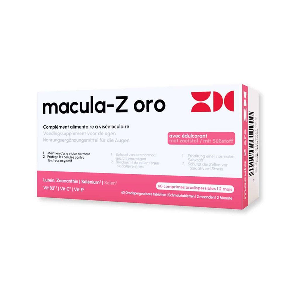 Boîte Macula-Z Oro® de 60 comprimés orodispersibles, avec édulcorant.