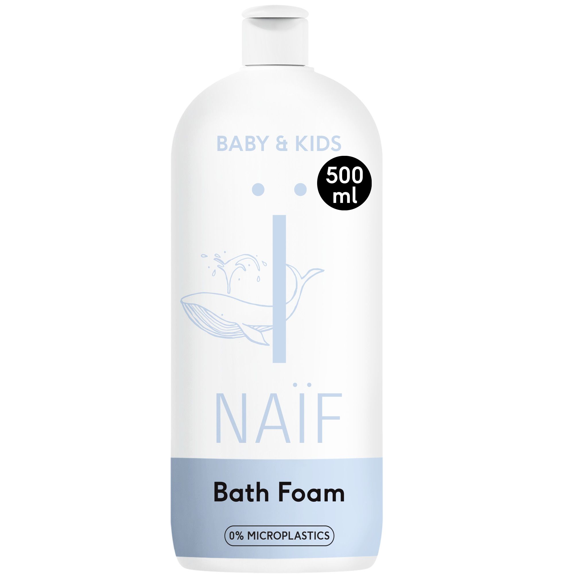 Bouteille blanche avec étiquette bleue. Inscription : NAÏF, Baby & Kids, Relaxing Bath Foam. Illustration de baleine.