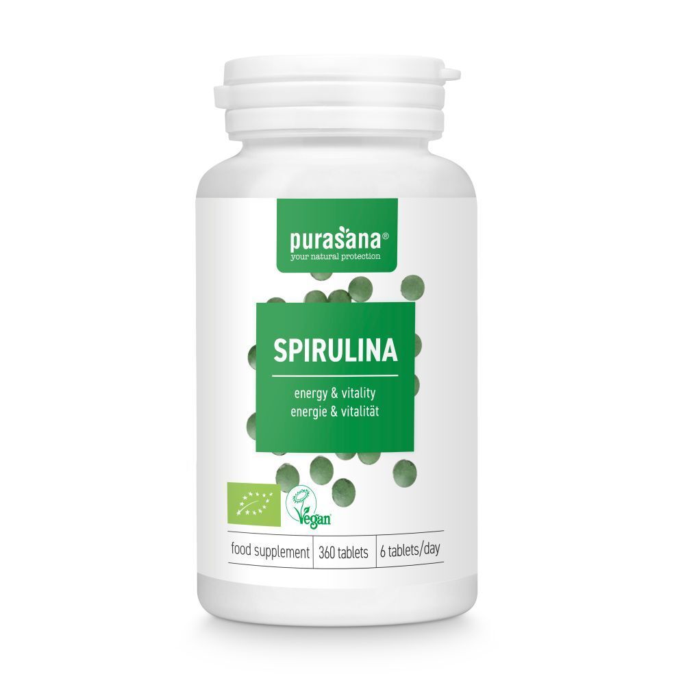 Purasana Spirulina Bio: Weißer Behälter mit grünem Etikett, 360 Tabletten. Bio- und Vegan-Siegel.
