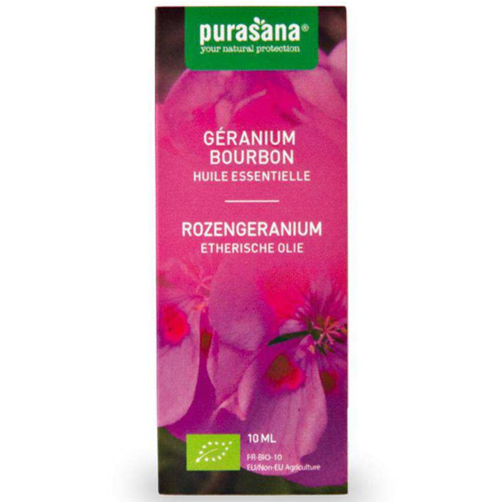 Rosa Schachtel mit purasana® Geranium Bourbon Öl. Text: Géranium Bourbon, Huile Essentielle, Rozengeanium, 10 ml, Bio-Siegel.