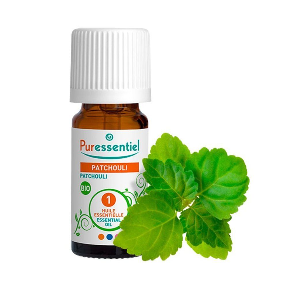 Flacon d'huile essentielle Puressentiel Patchouli, face avant avec illustrations botaniques.
