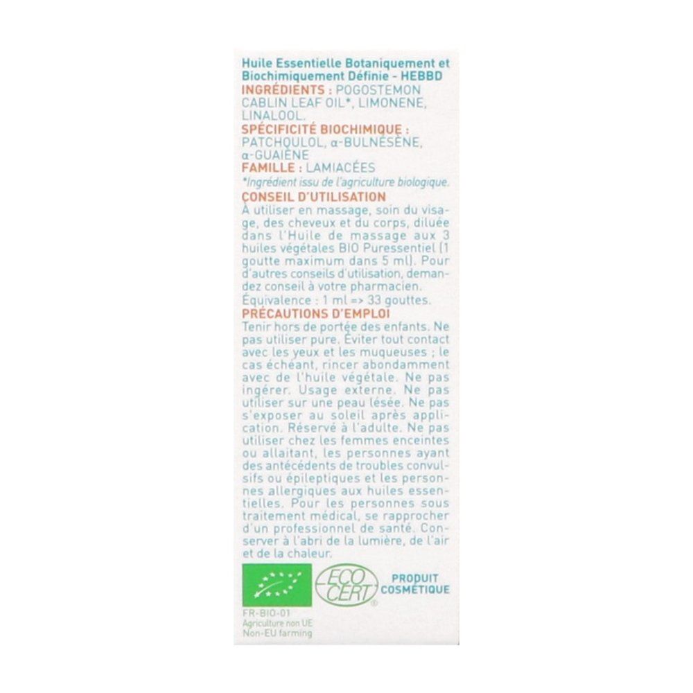 Flacon d'huile essentielle Puressentiel Patchouli, verso avec informations.